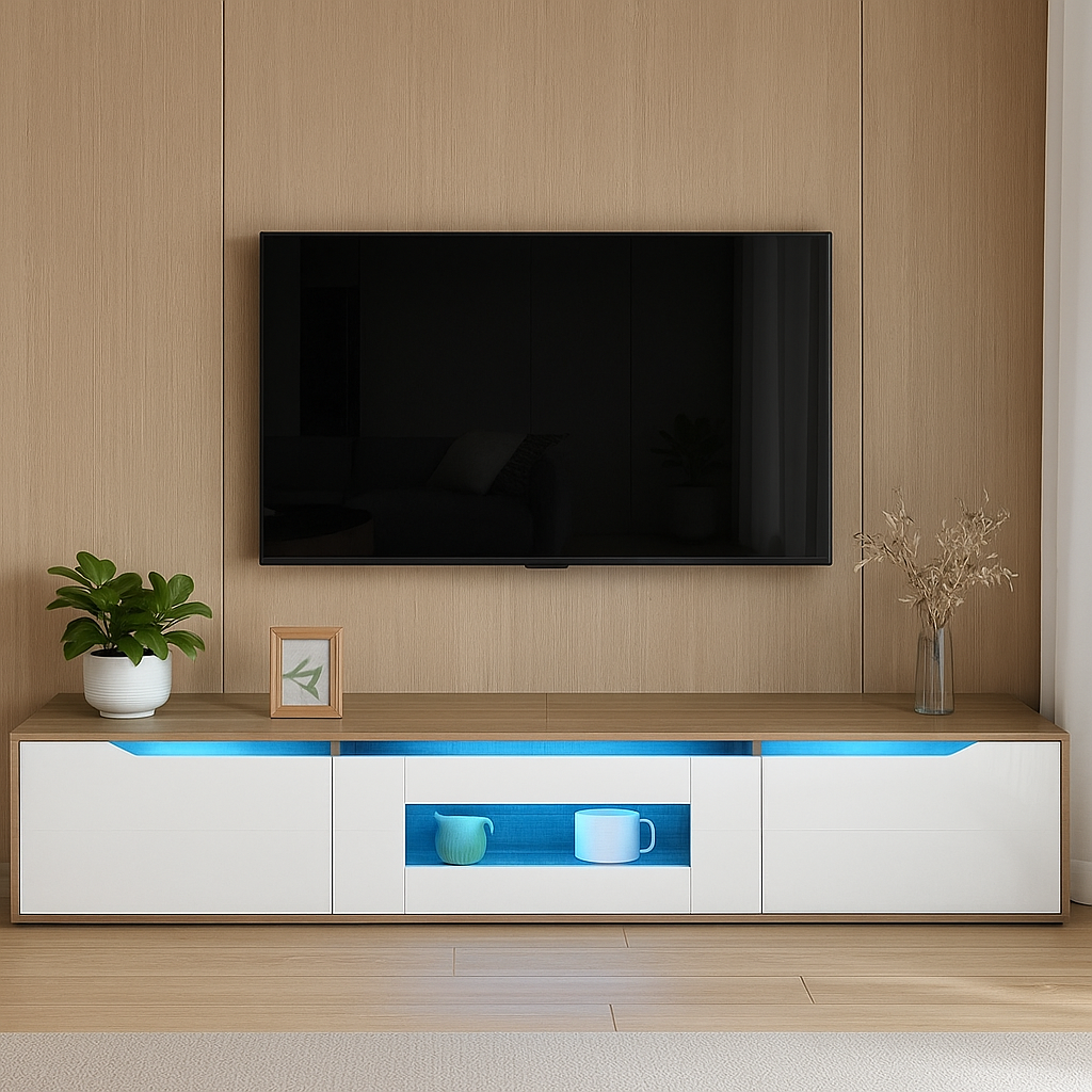 71 poMeuble TV blanc et bois haute brillance avec éclairage DEL à 16 couleurs