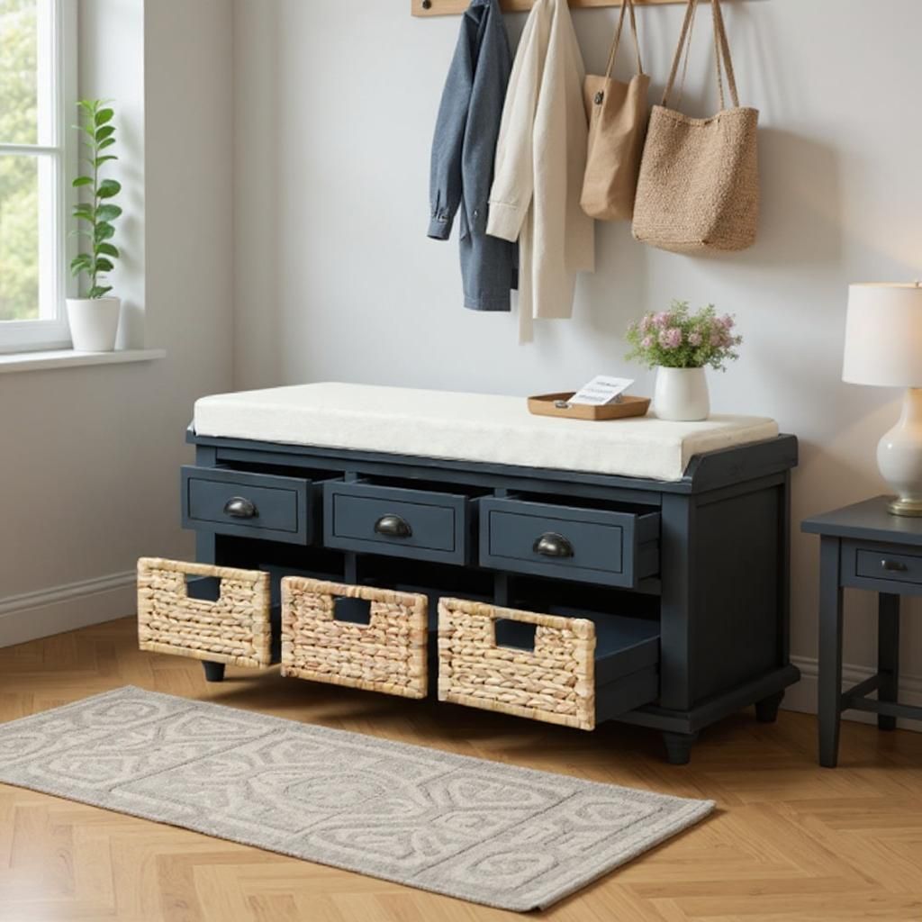 Rustic Storage Bench with 3 Drawers and Rattan Baskets