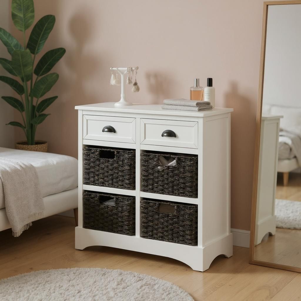 Armoire de Rangement Rustique avec Deux Tiroirs et Quatre Panier en Rotin Classiques pour Salle à Manger / Salon - Expresso