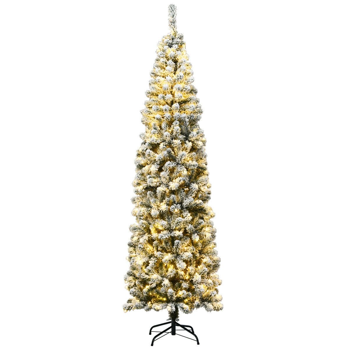 Pre-lit Snow Flocked Artificial Pencil Christmas Tree with LED Lights - 7.5 ft