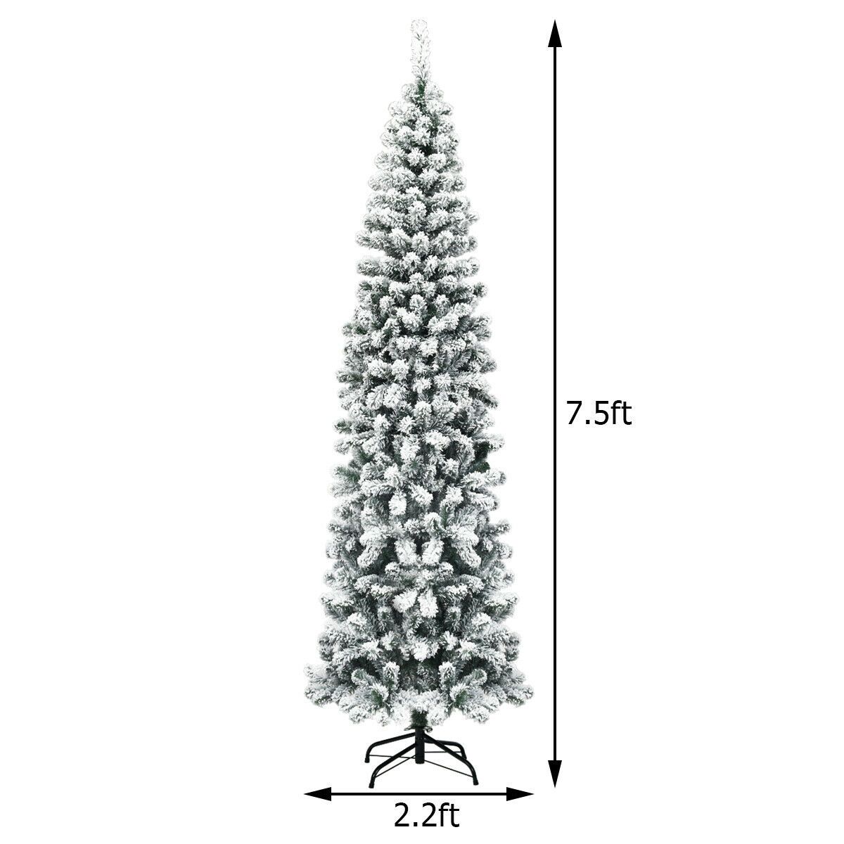 Pre-lit Snow Flocked Artificial Pencil Christmas Tree with LED Lights - 7.5 ft
