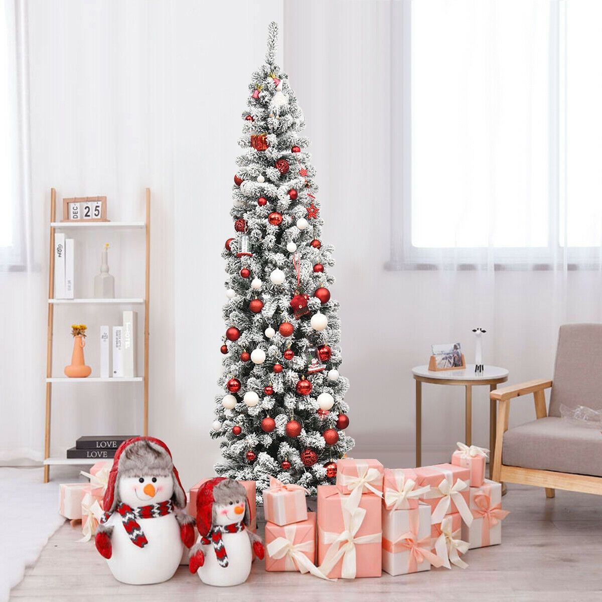 Pre-lit Snow Flocked Artificial Pencil Christmas Tree with LED Lights - 7.5 ft