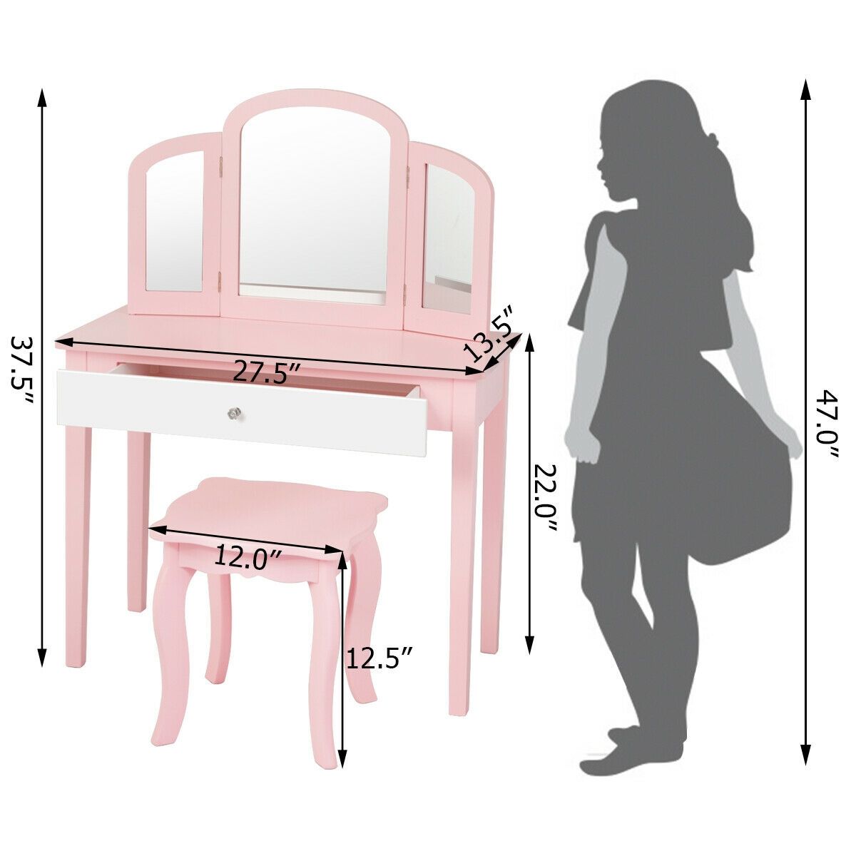 Coiffeuse de maquillage pour enfants « Princesse », miroir à trois volets et chaise - rose