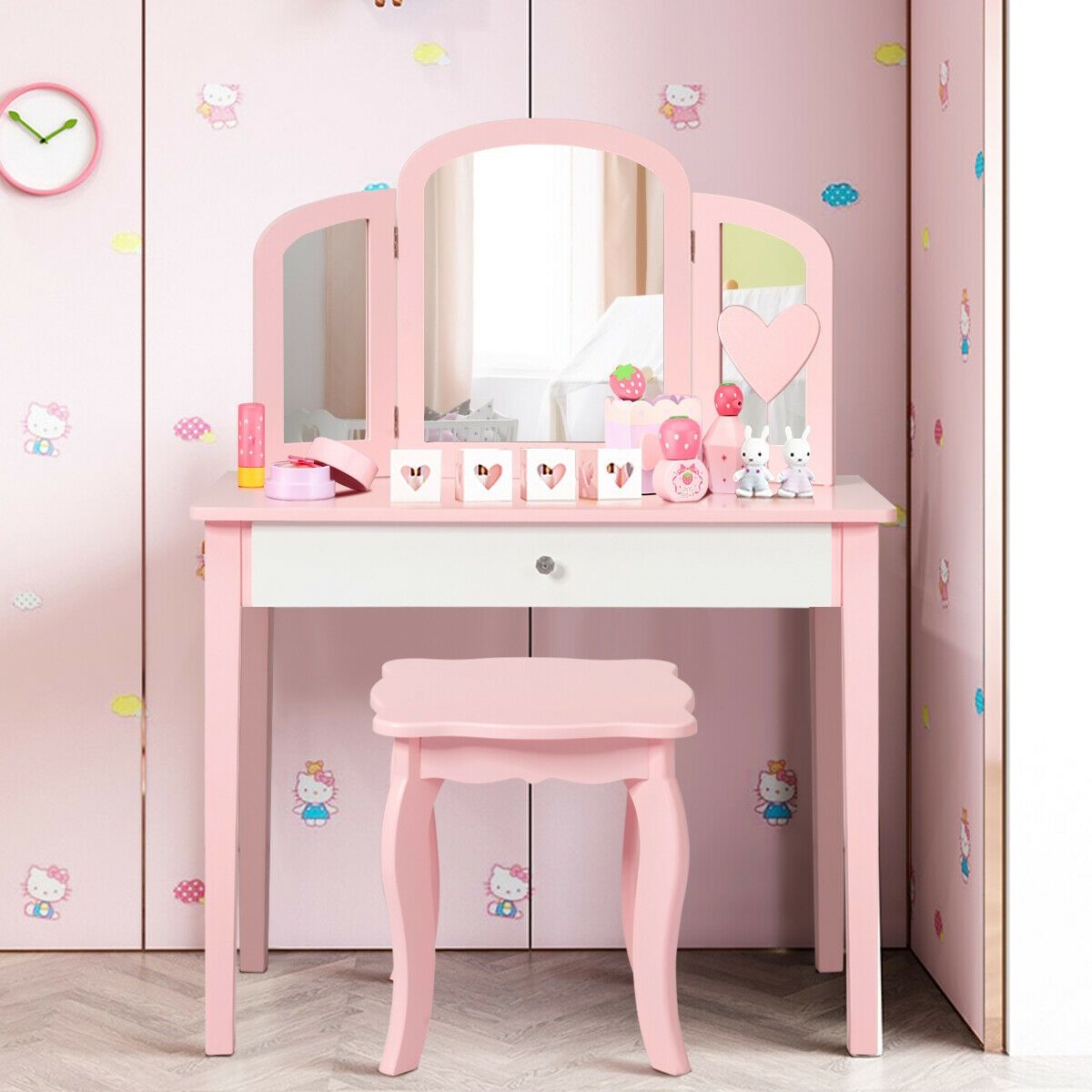 Coiffeuse de maquillage pour enfants « Princesse », miroir à trois volets et chaise - rose