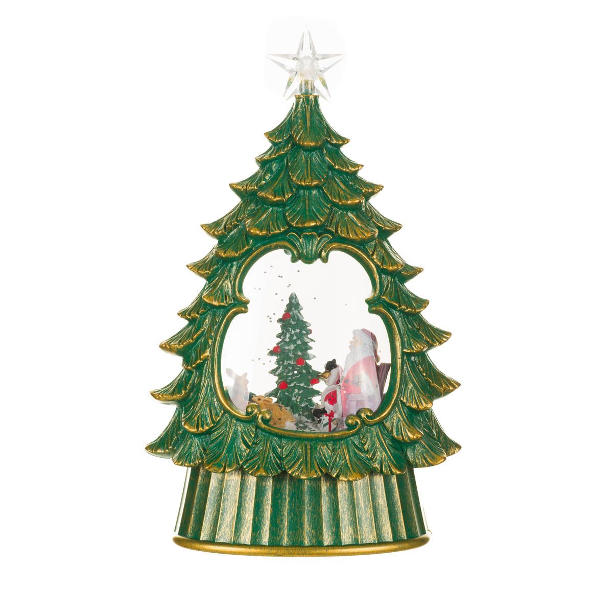 Green Plastic Star Topped Tree Warm White LED Snow Globe Cozy Santa and Deer Family