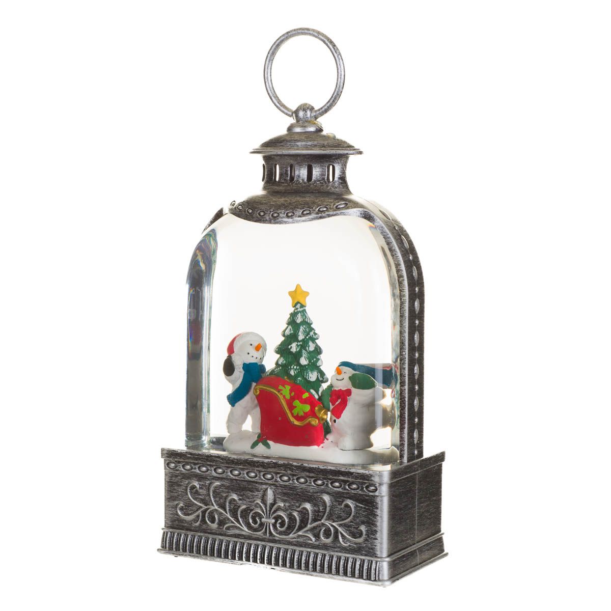 Lanterne suspendue en plastique argent avec DEL blanc froid et Boule à neige famille bonhommes de neige