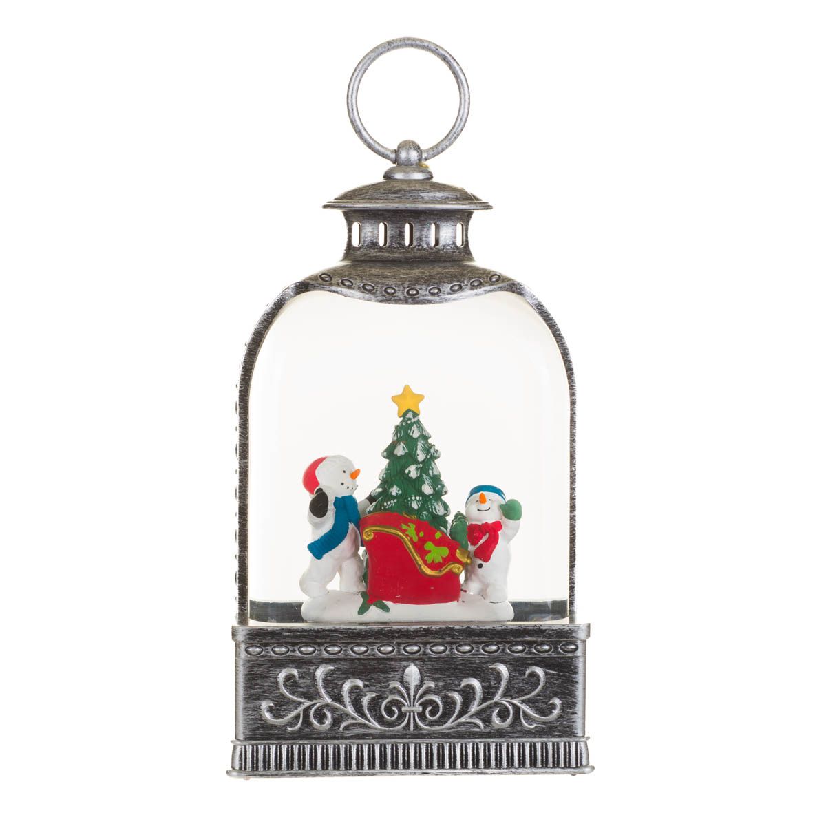 Lanterne suspendue en plastique argent avec DEL blanc froid et Boule à neige famille bonhommes de neige