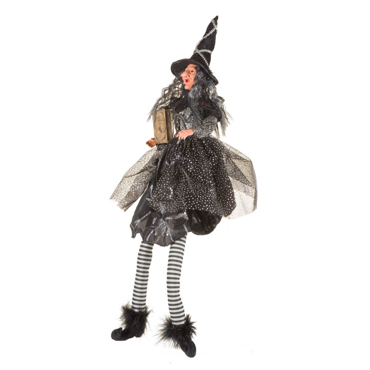 Figurine sorcière assise suspendue en tissu noir scintillant avec grimoire