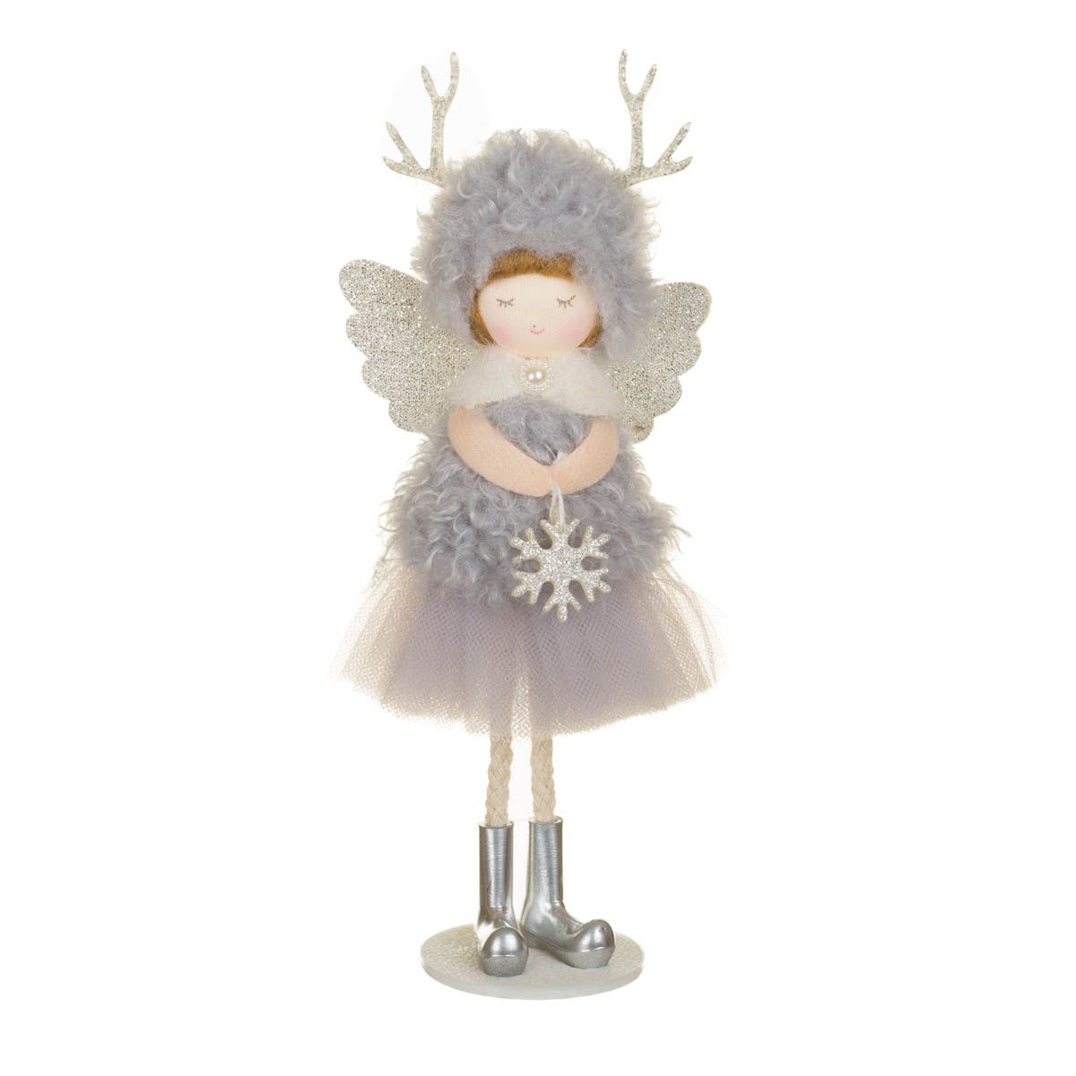 Poupées chérubins suspendues en tissu gris fumé et argent avec bonnet renne, ensemble de 8