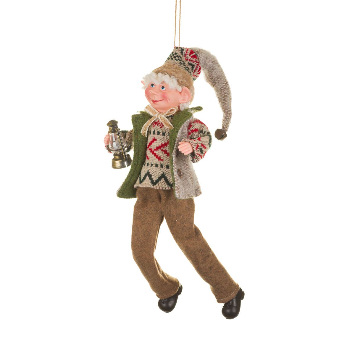 Figurine lutin d’hiver suspendue en tissu brun et vert avec lanterne