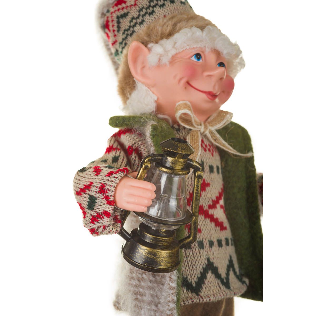Figurine lutin d’hiver suspendue en tissu brun et vert avec lanterne