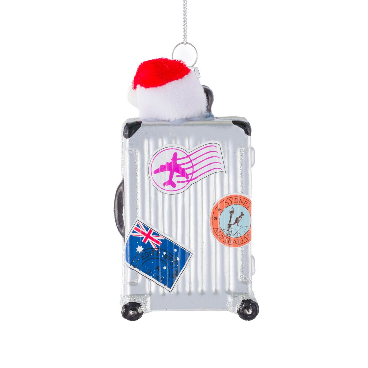 Ornements suspendus valise en verre argent avec bonnet de Père Noël, ensemble de 3