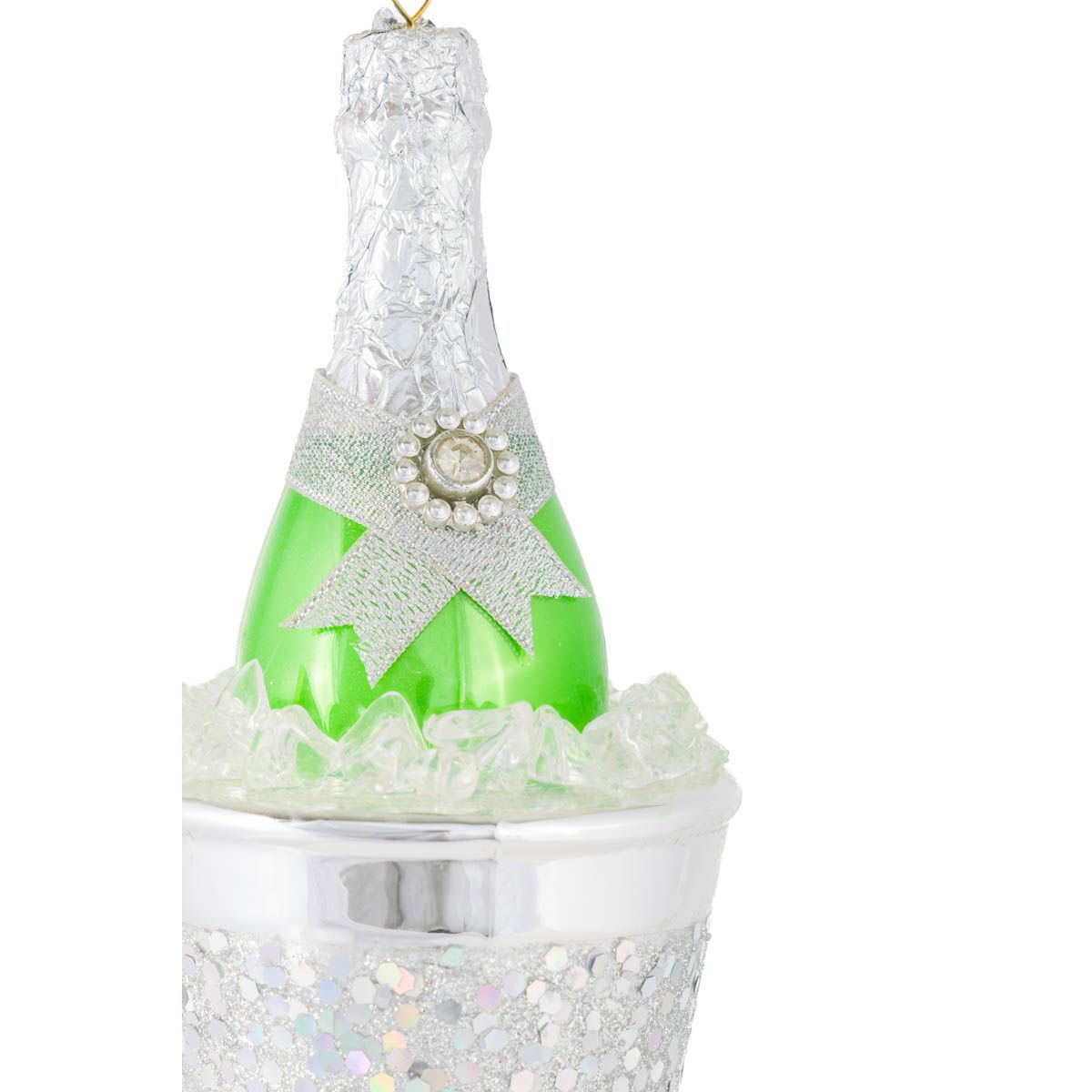 Ornements « Champagne sur glace » suspendus en verre argent avec ruban vert, ensemble de 3