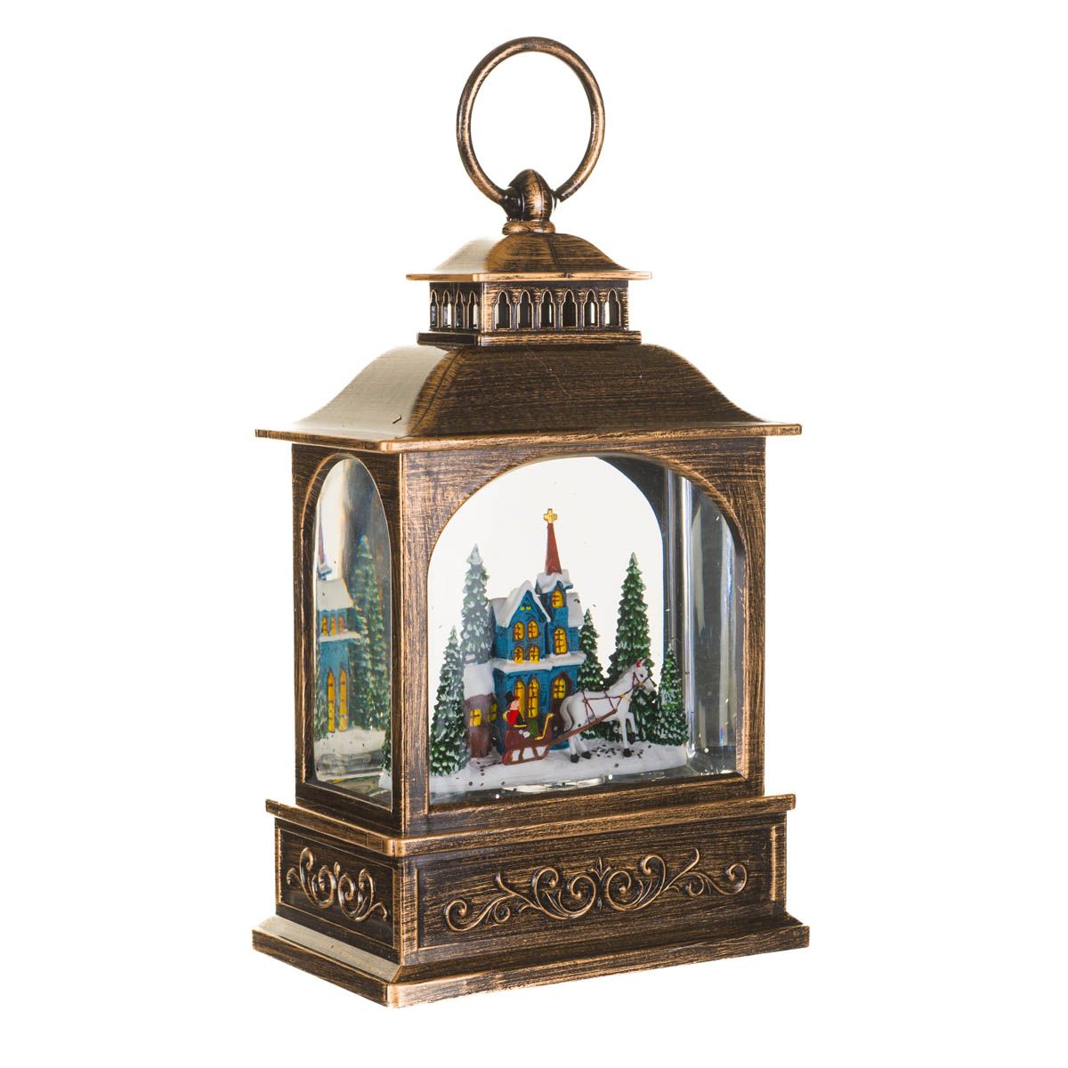 Lanterne musicale en plastique bronze avec DEL blanc chaud Boule à neige promenade hivernale