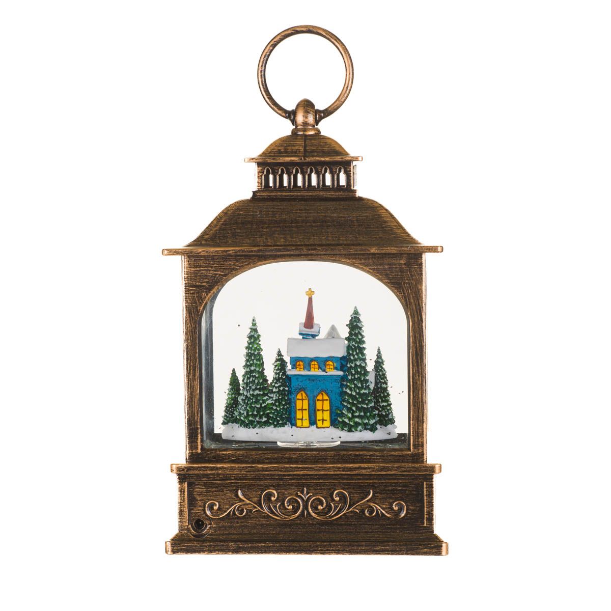 Lanterne musicale en plastique bronze avec DEL blanc chaud Boule à neige promenade hivernale