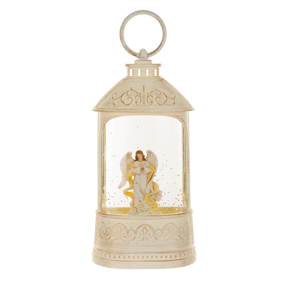 Lanterne musicale en plastique blanc avec Boule à neige DEL ange paisible et paillettes