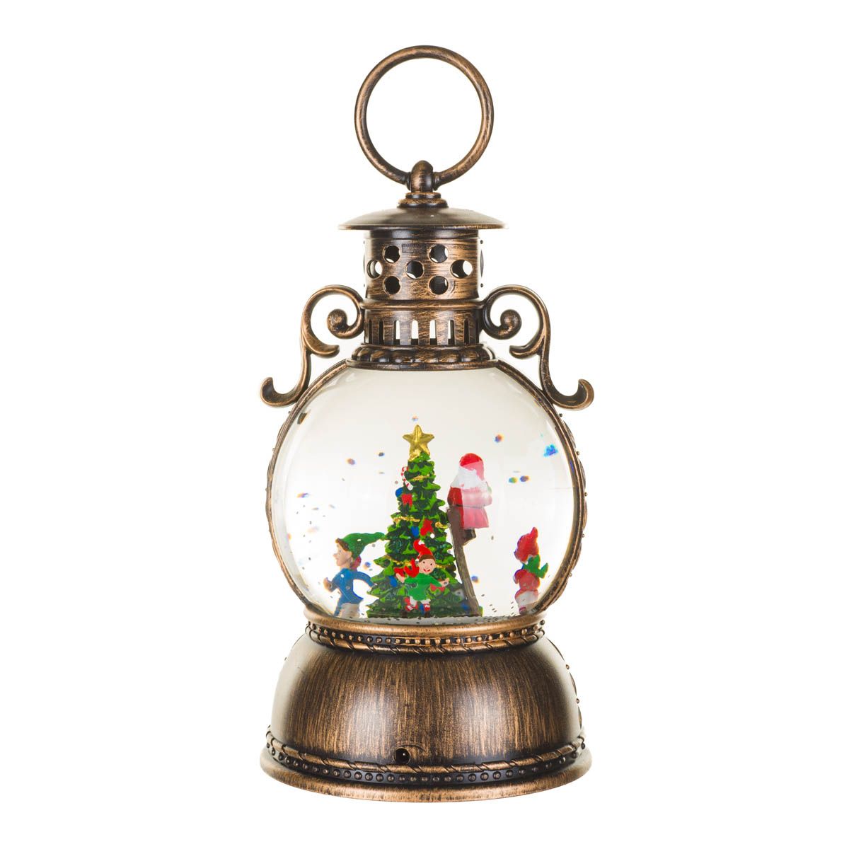 Lanterne musicale en plastique bronze avec DEL blanc chaud Boule à neige arbre du Père Noël et paillettes