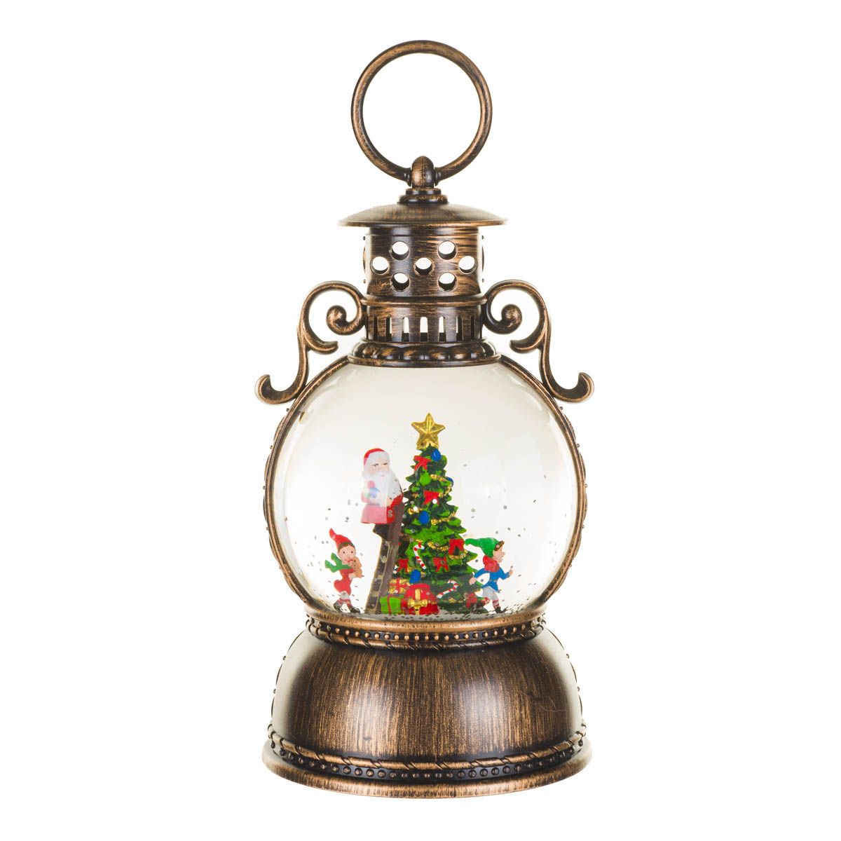 Lanterne musicale en plastique bronze avec DEL blanc chaud Boule à neige arbre du Père Noël et paillettes