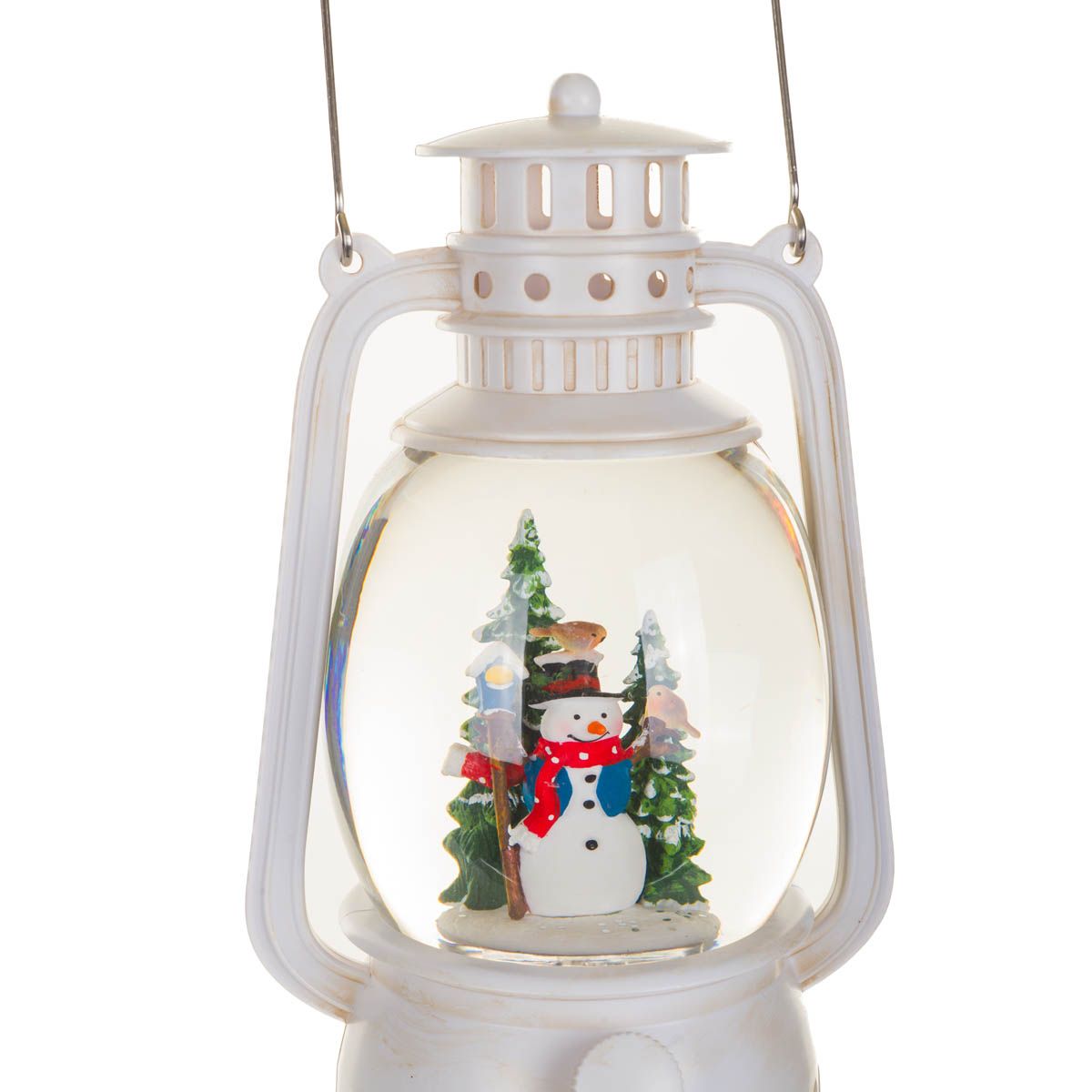 Lanterne musicale en plastique blanc avec Boule à neige DEL forêt du bonhomme de neige