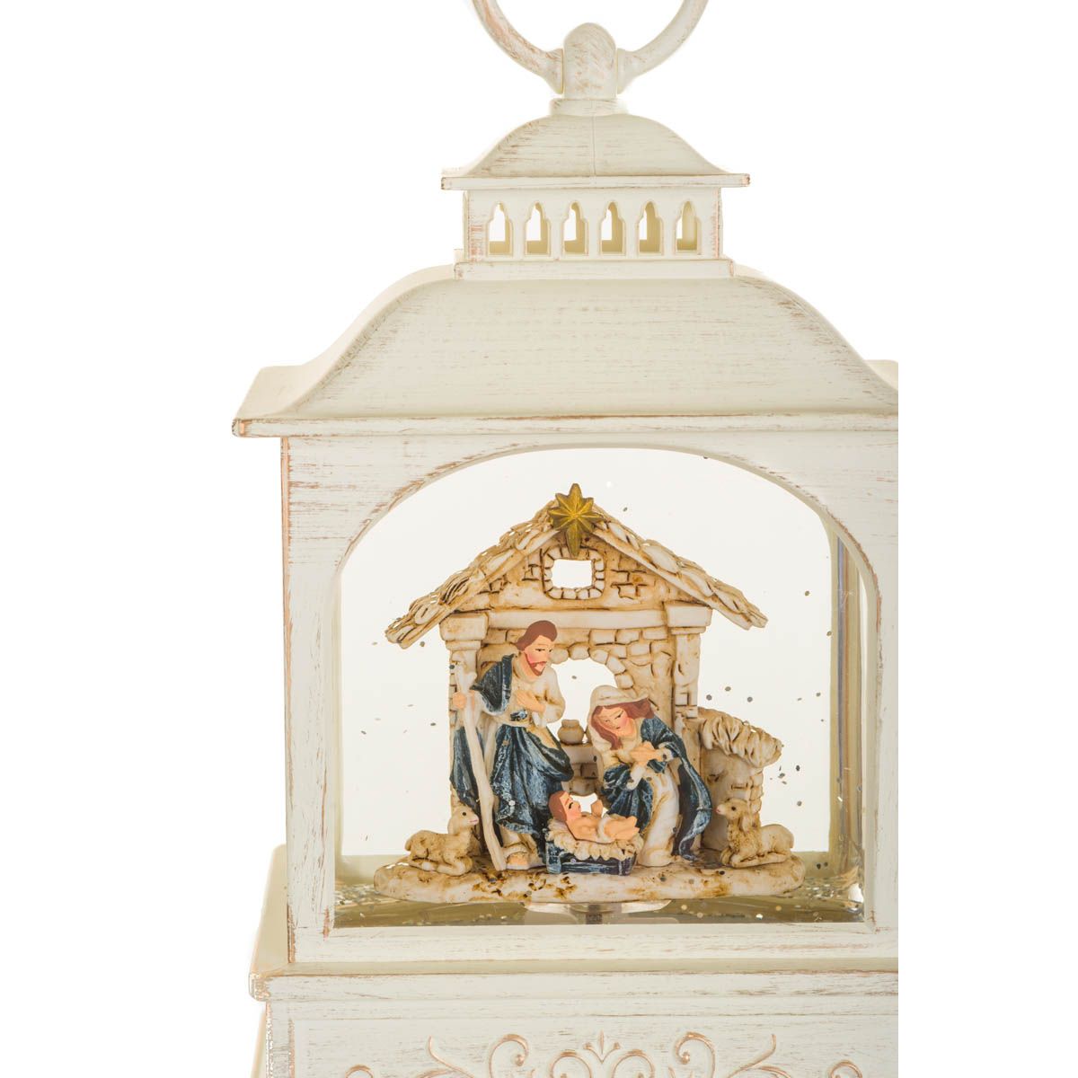 Lanterne musicale en plastique blanc avec Boule à neige DEL crèche