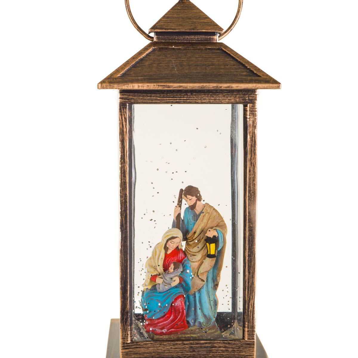 Lanterne musicale en plastique bronze avec DEL blanc chaud Boule à neige famille voyageuse