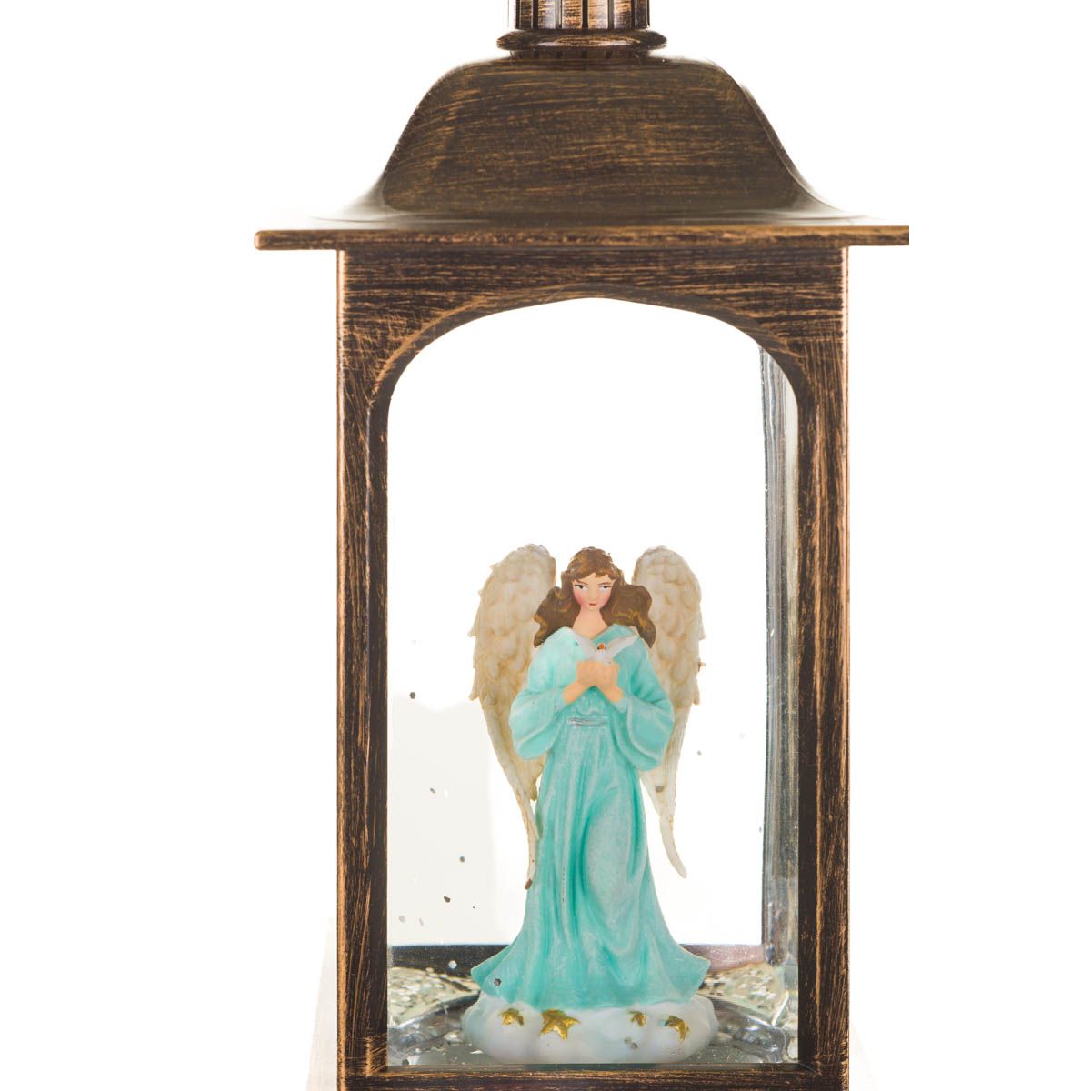 Lanterne musicale en plastique bronze avec DEL blanc chaud Boule à neige ange et paillettes