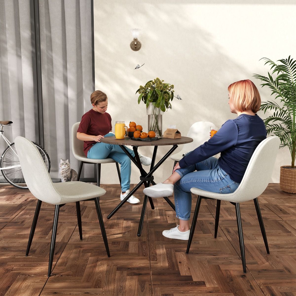 Modern 5-Piece Round Espresso Dining Set with Beige Chairs