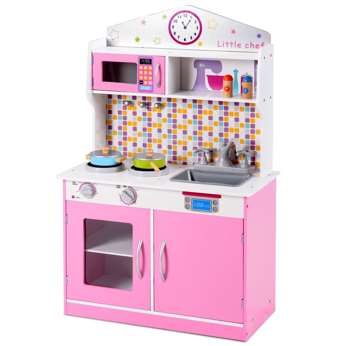 Ensemble de cuisine en bois pour enfants, ustensiles de cuisine, Jouets de cuisine, Cadeau pour tout-petits - Rose