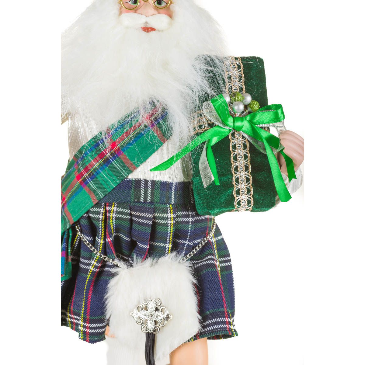 Figurine Père Noël écossais suspendue en tissu vert et blanc à carreaux avec kilt