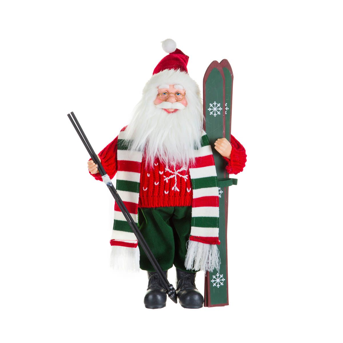 Red and Green Fabric Skiing Santa Figurine with Striped Scarf