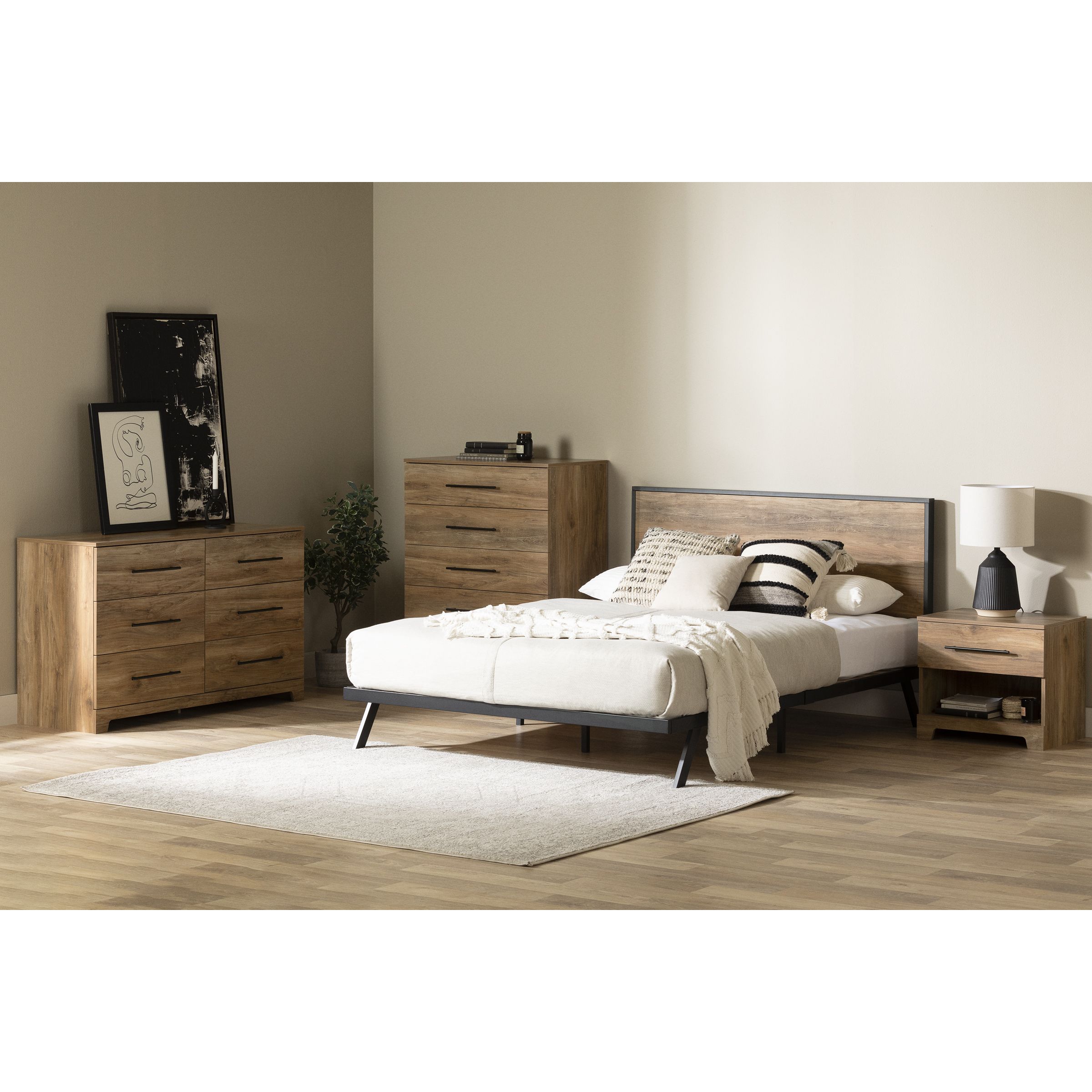 Barbara Queen Metal-Framed Bed Set Natural Mango and Matte Black