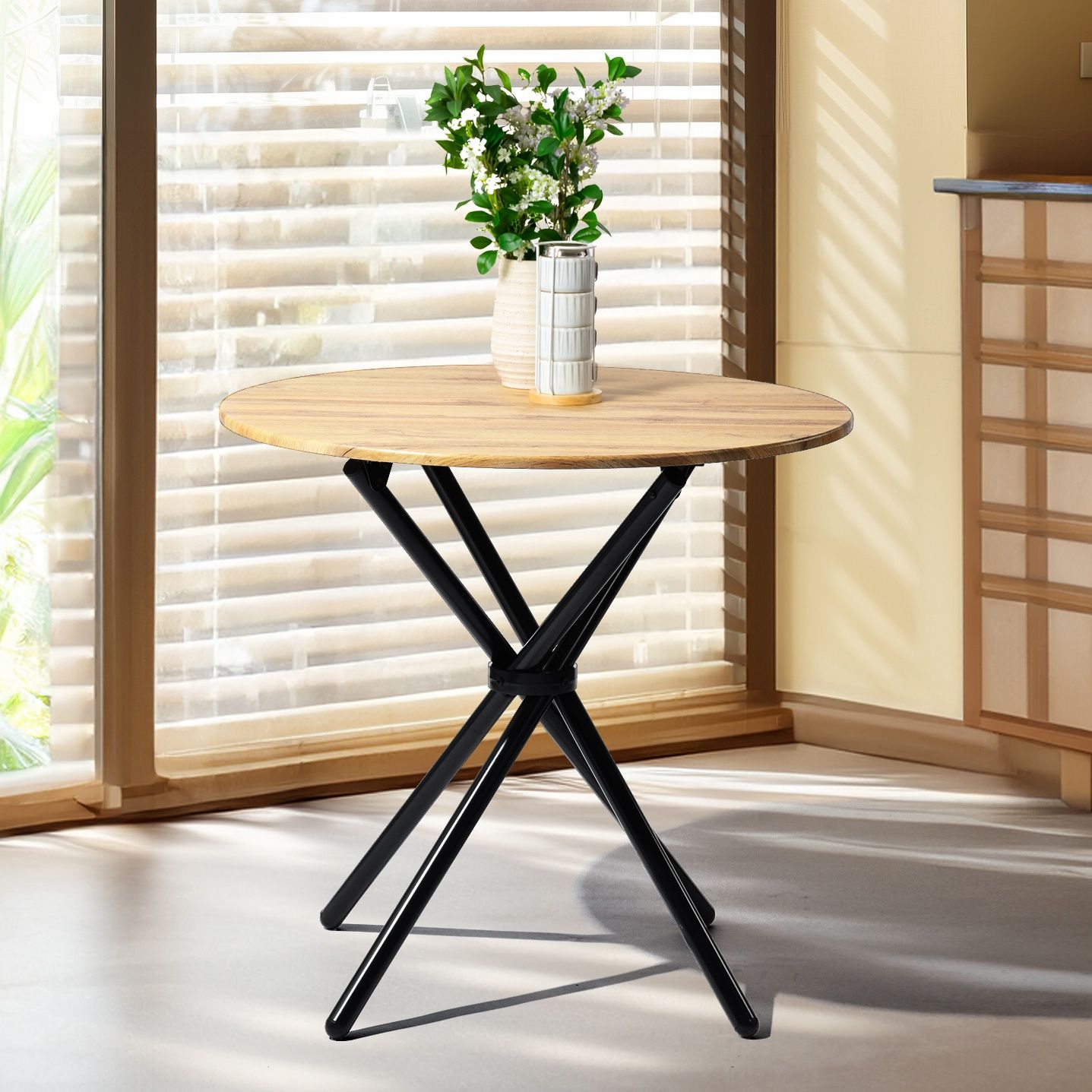 Modern 5-Piece Round Oak Dining Set with Beige Chairs