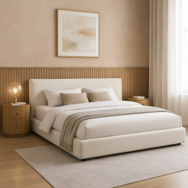 Lit rembourré en chenille beige avec large bordure – grand format (Queen)