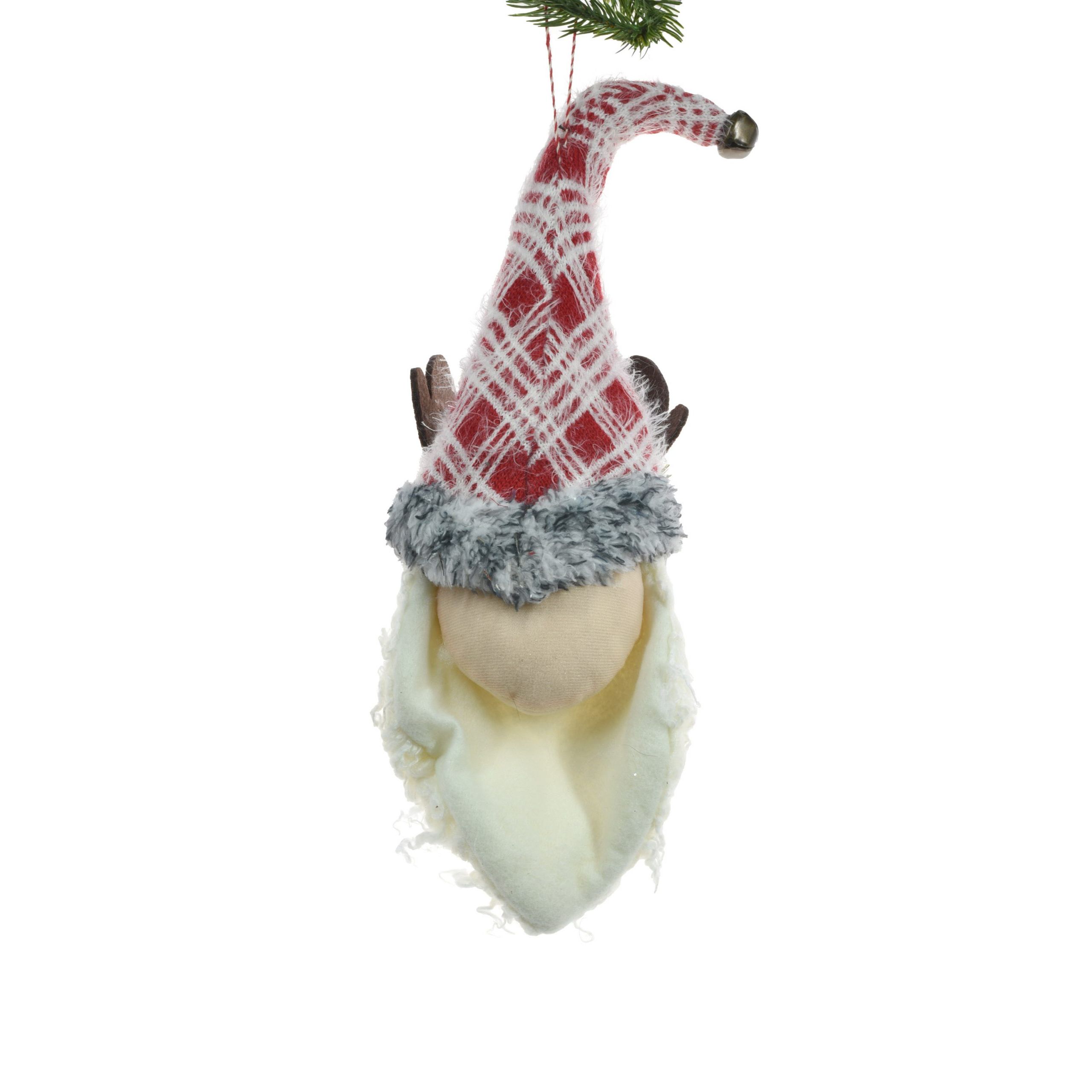 Ornements têtes de gnome suspendus en tissu rouge et blanc avec bonnet à bois de renne, ensemble de 2