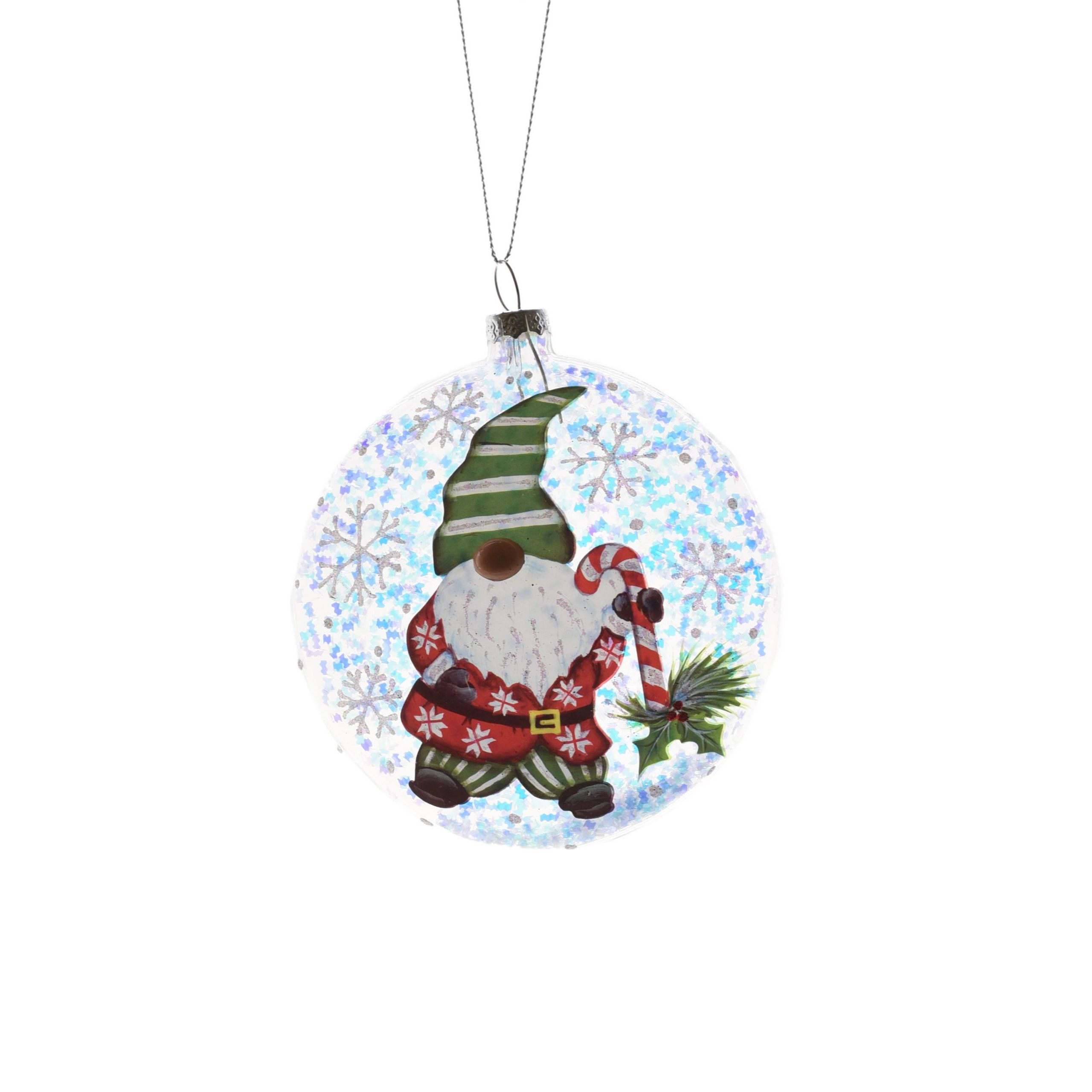 Flat Clear Glass Ball Gnome and Christmas Tree Ornaments, Pack of 3