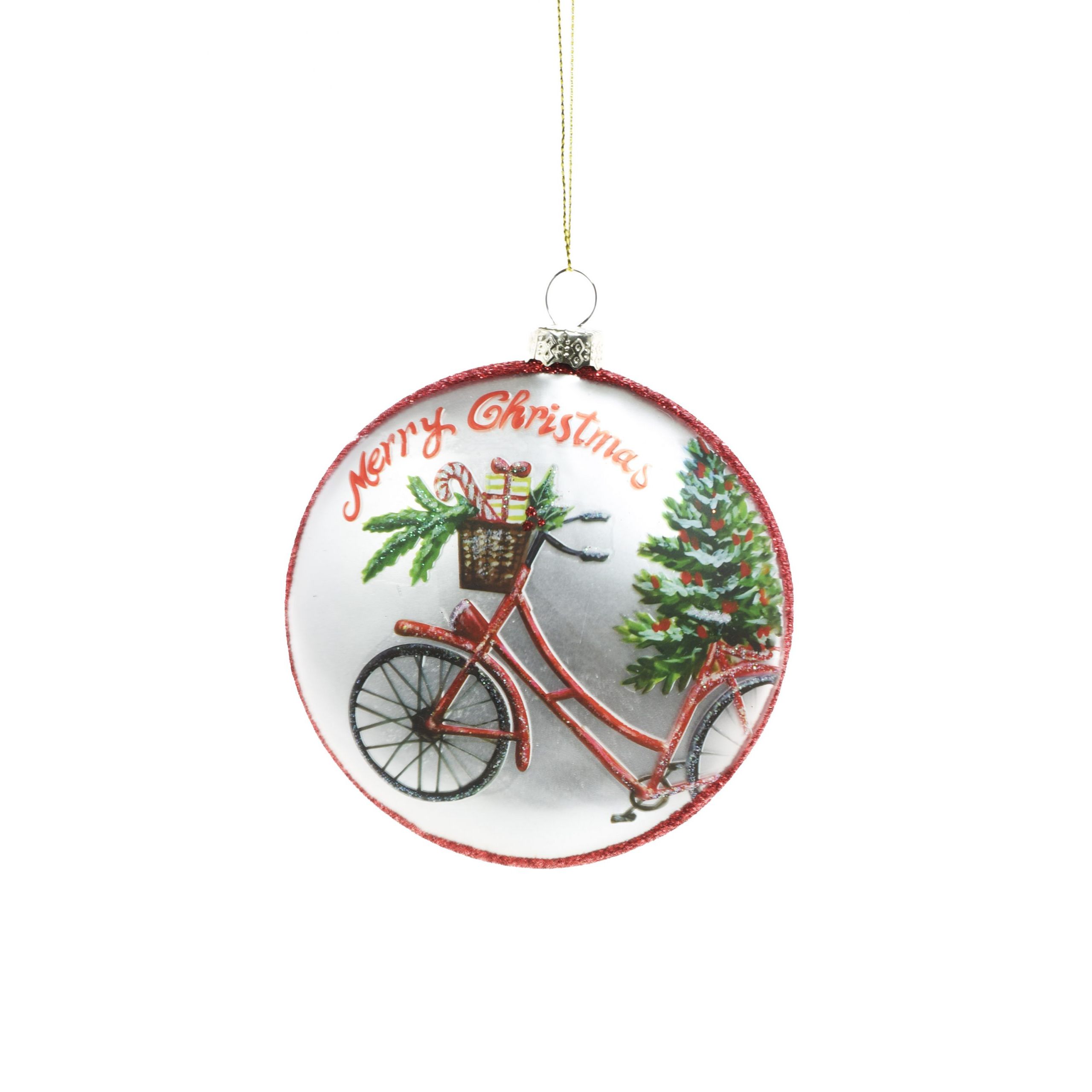 Flat Silver and Red Glass Disc Merry Christmas Bike Ornaments, Pack of 3