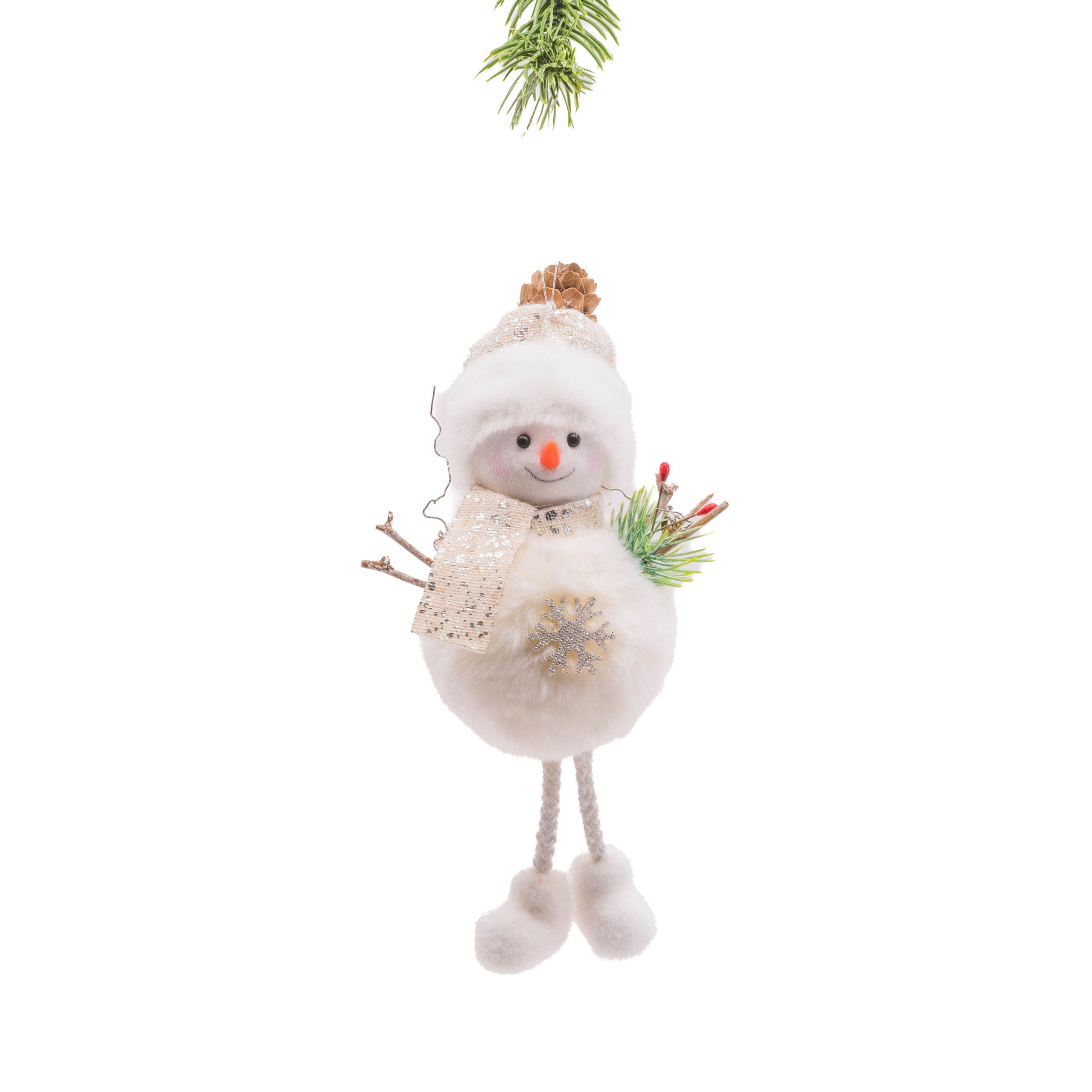 Bonhomme de neige en tissu rayé blanc et platine suspendu, ensemble de 8