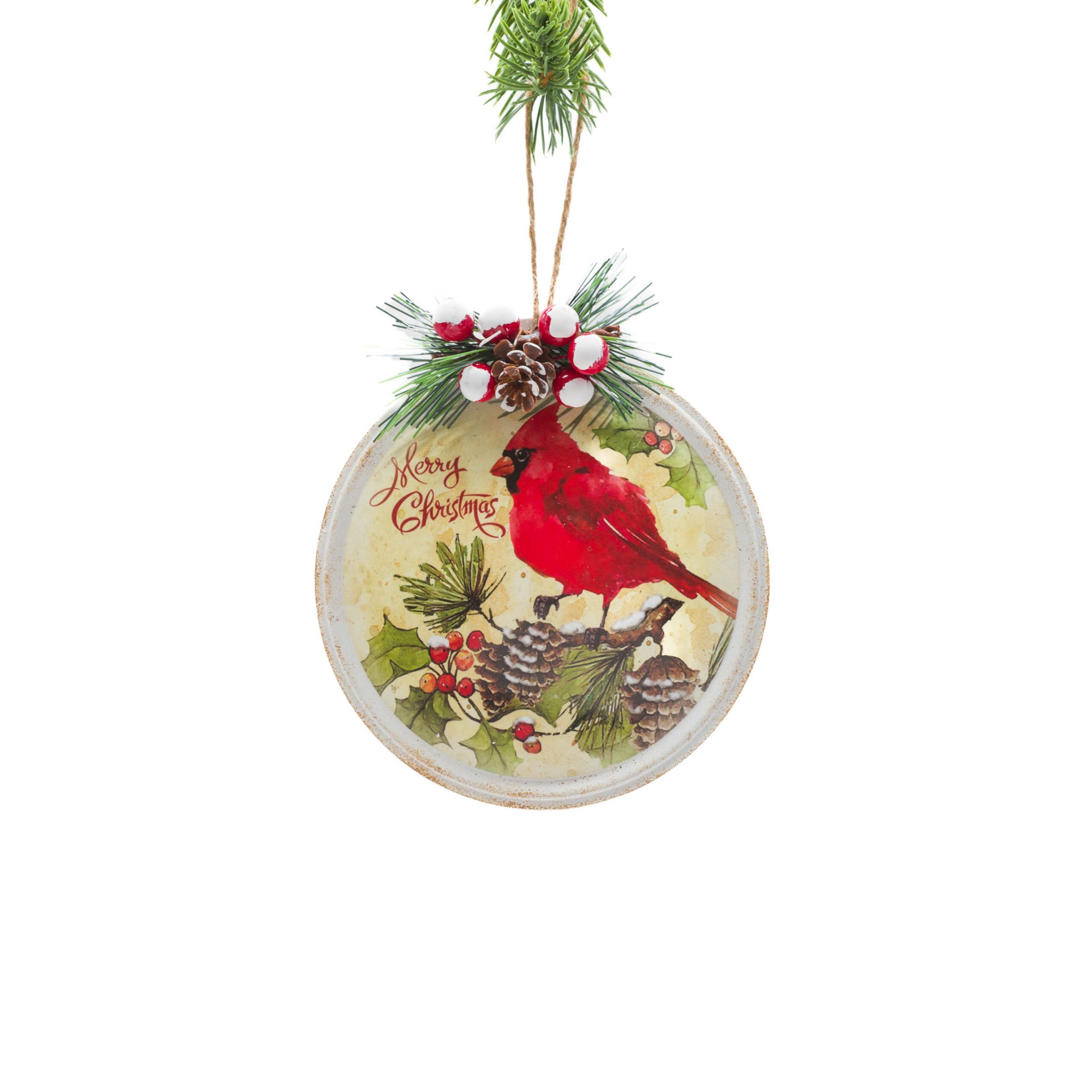 Yellow Tin "Merry Christmas" Ornament Cardinal Print, Pack of 6