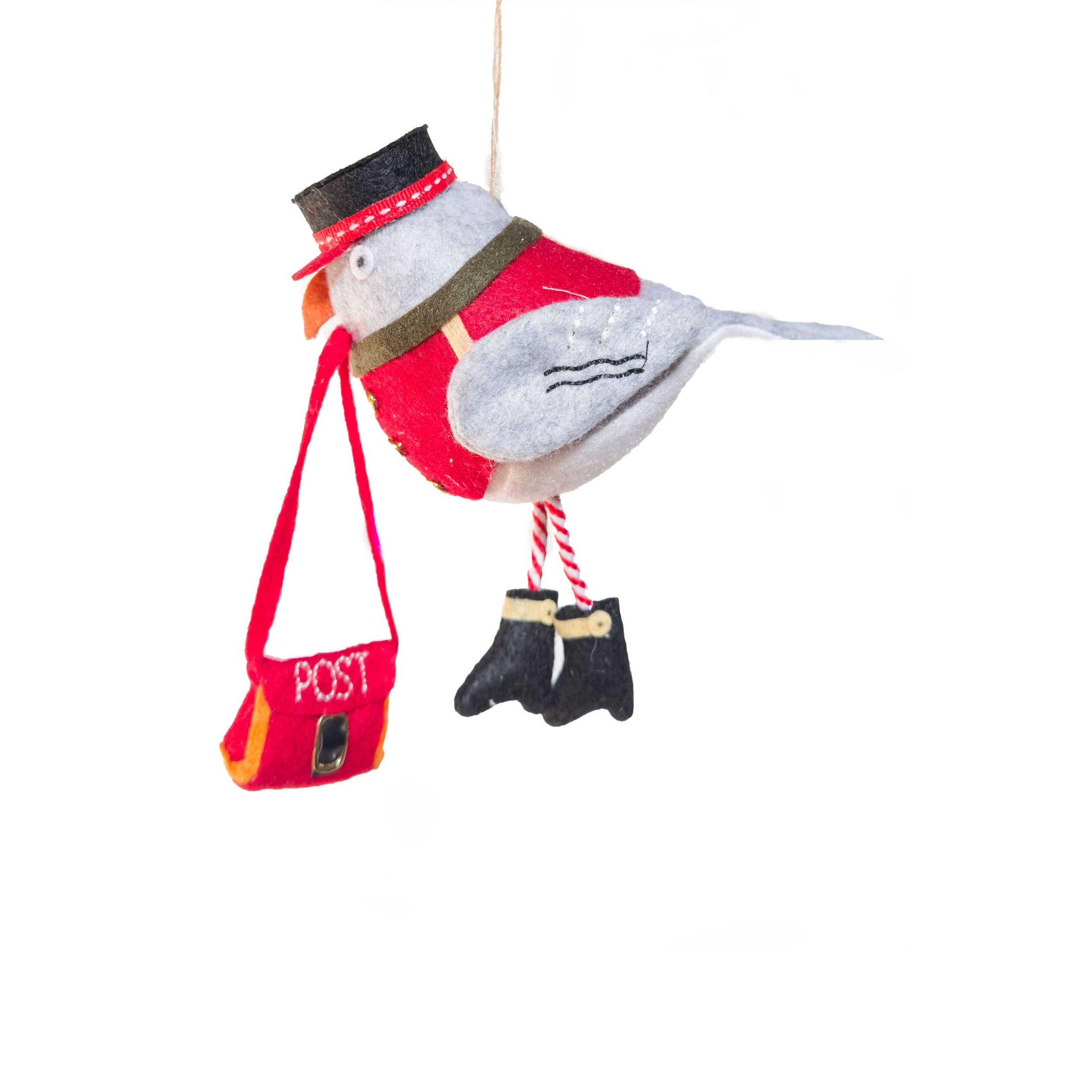 Ornements pigeons facteurs suspendus en tissu gris et rouge avec sac postal, ensemble de 4