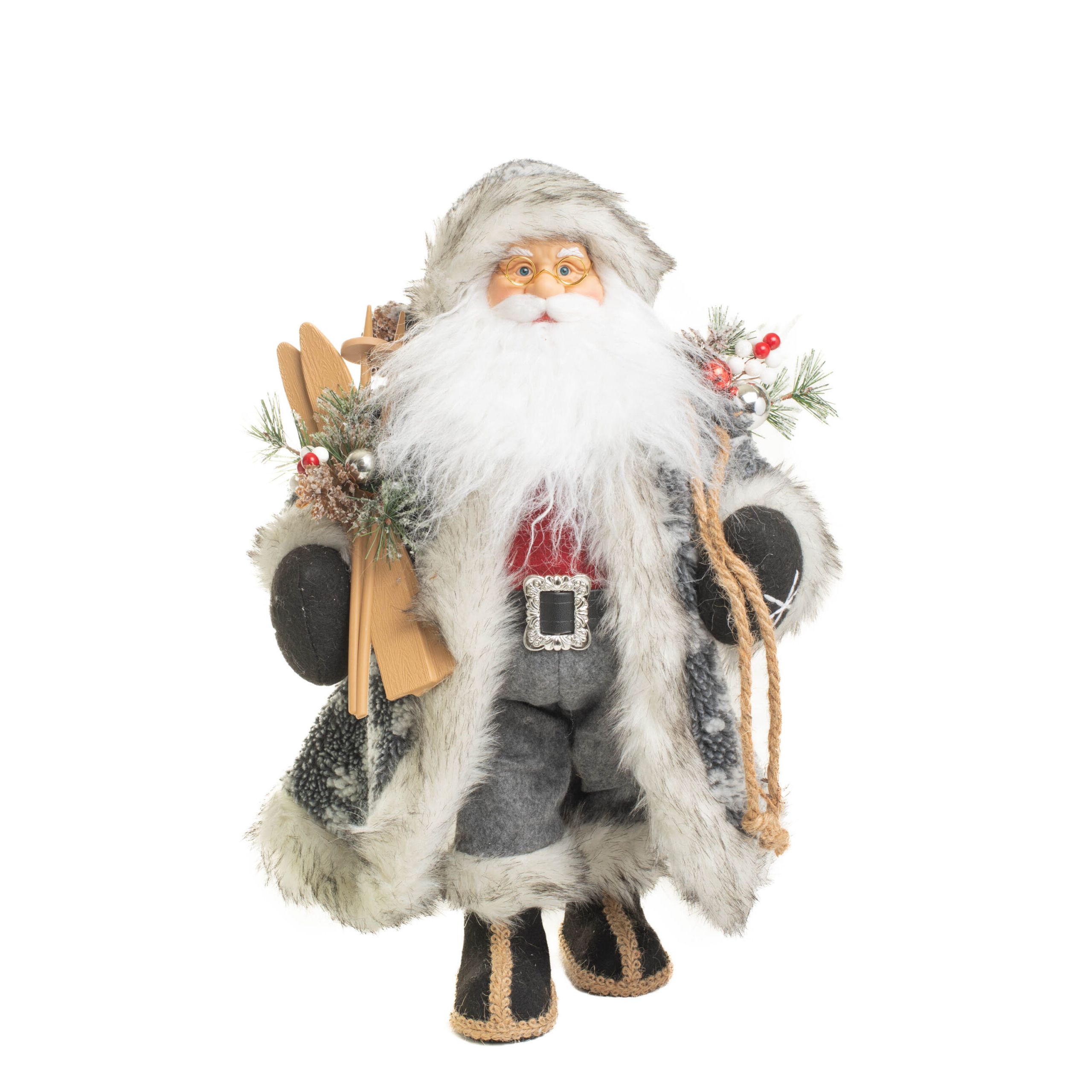 grey and White Furry Nordic Santa Figurine with Skis