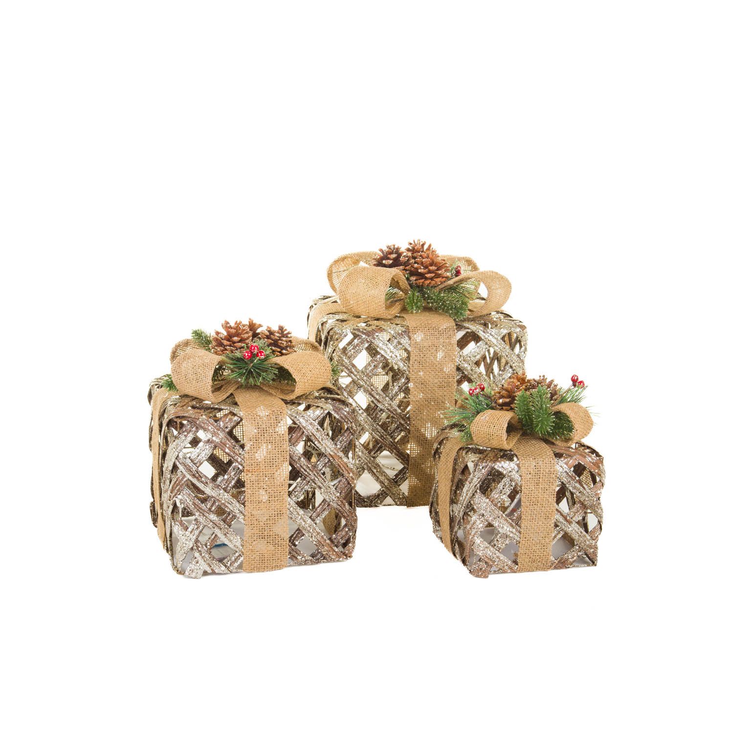 Boîte cadeau métallique dorée avec accents DEL blanc chaud