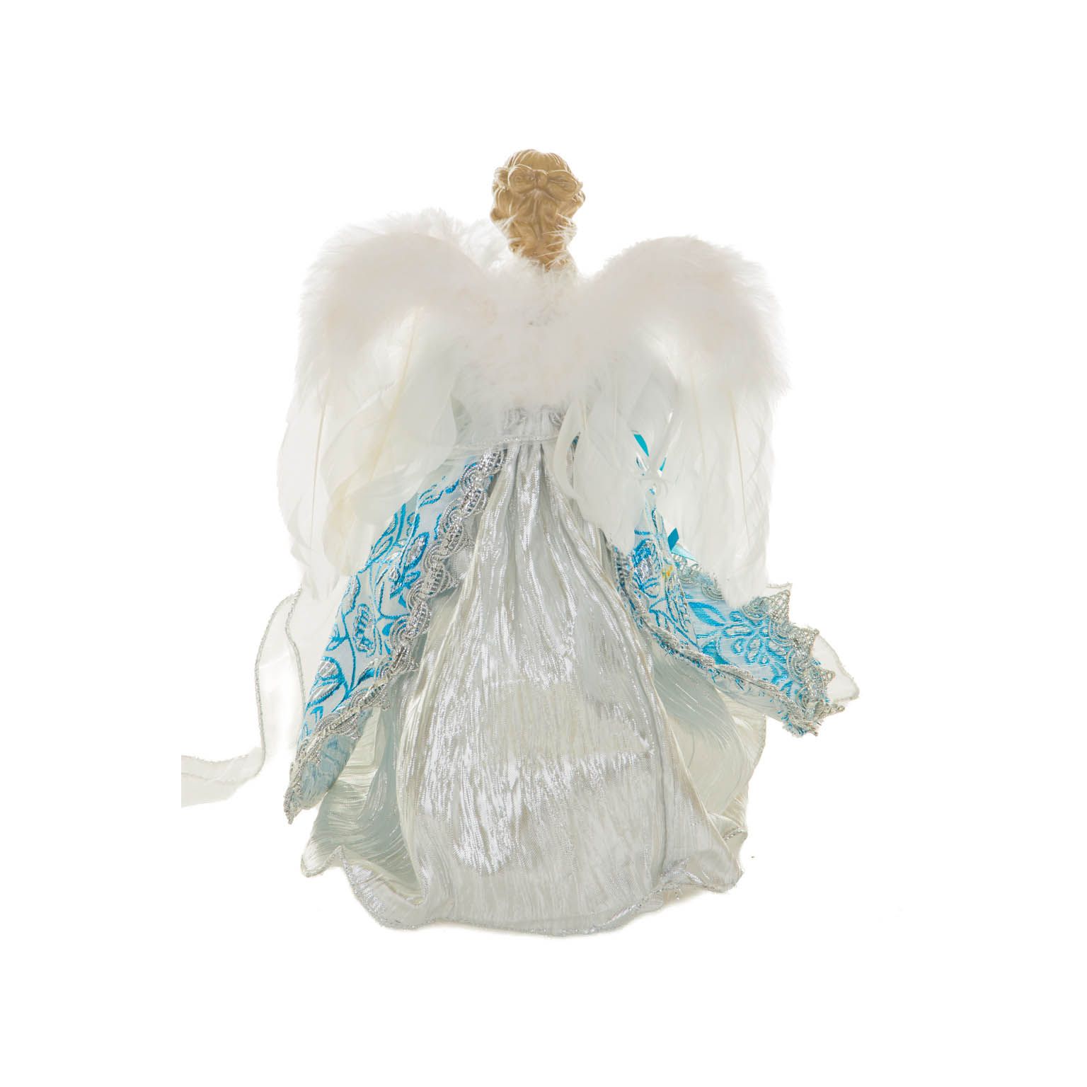Cime de sapin ange contemporain floral argent et céruléen en polyester avec DEL blanc chaud