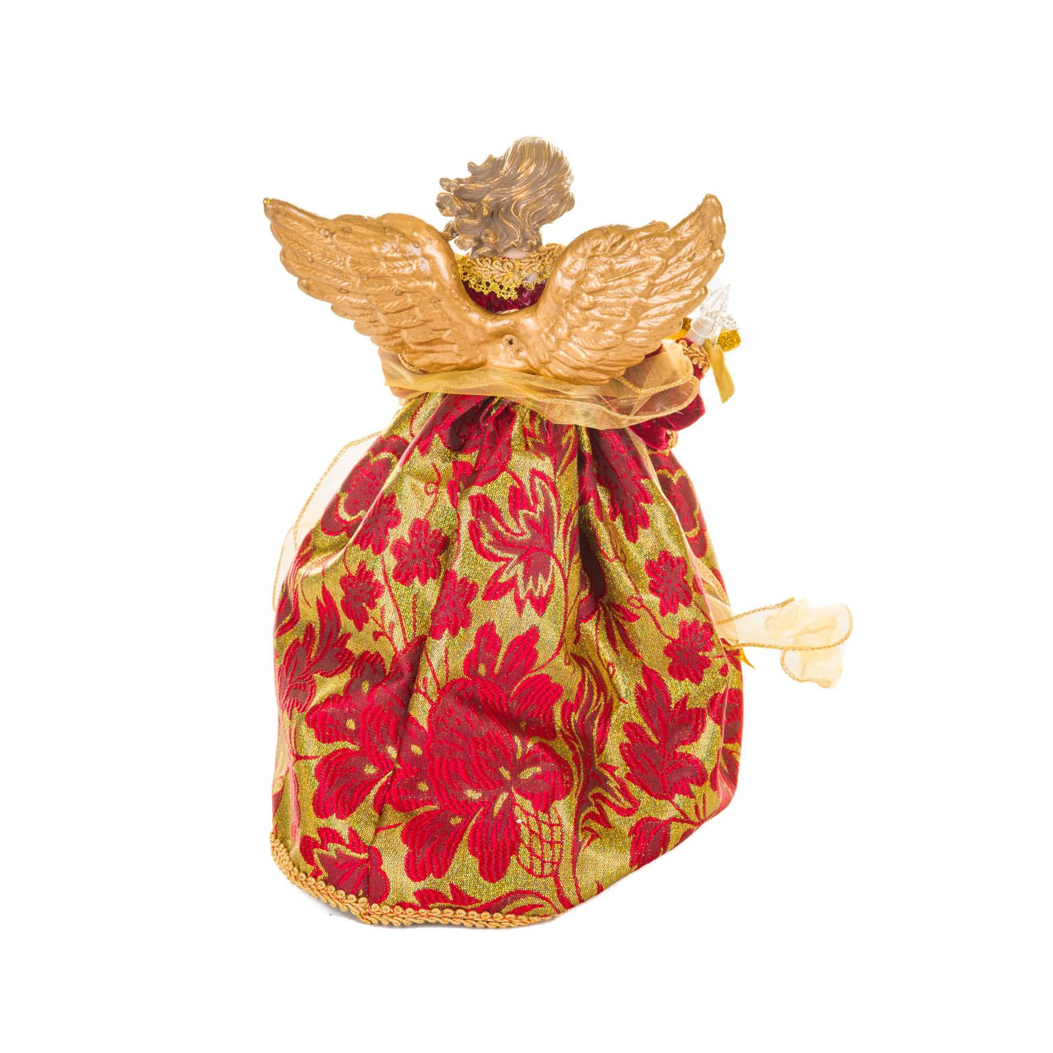 Cime de sapin ange suspendue en polyester rouge à sequins avec DEL blanc chaud et accents dorés