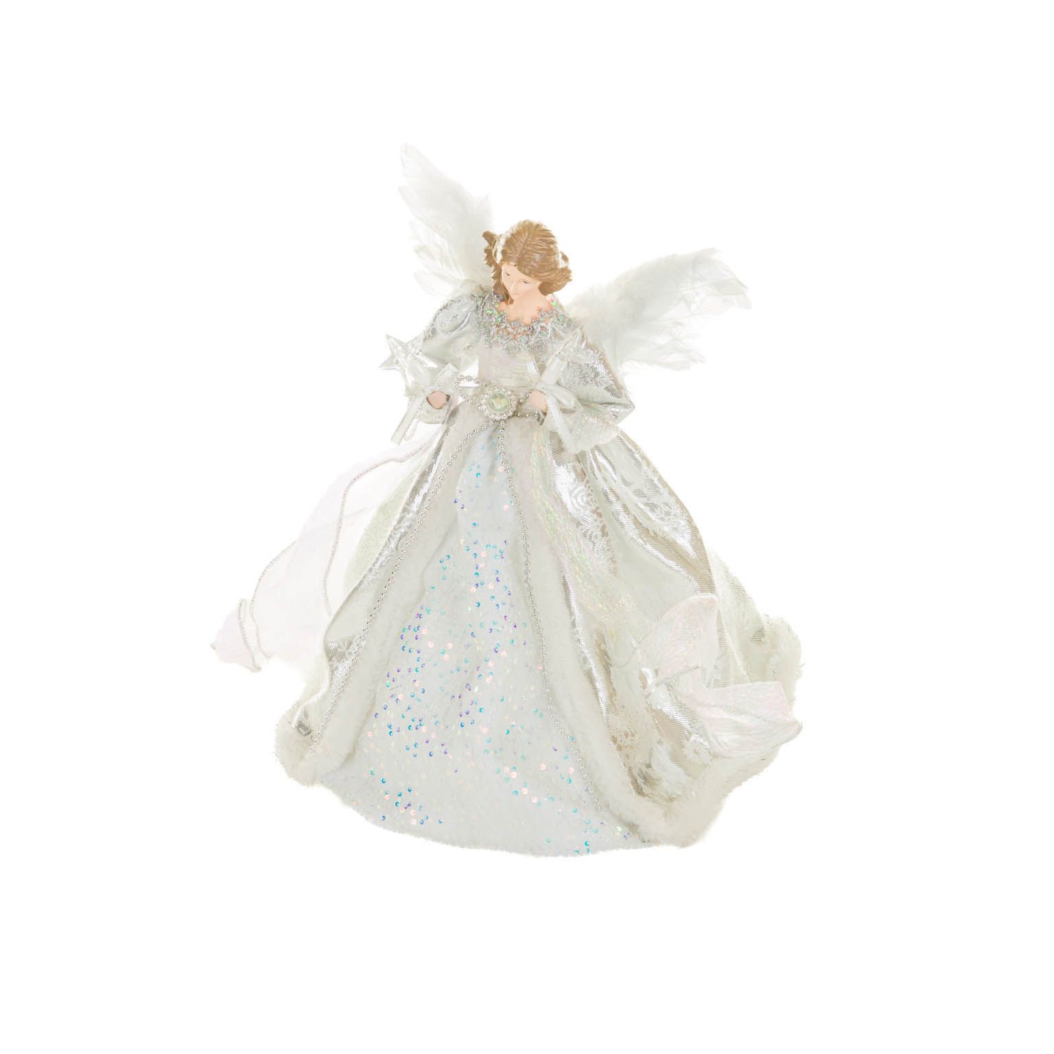 Cime de sapin ange suspendue en polyester argent et blanc avec DEL blanc chaud et robe flocon