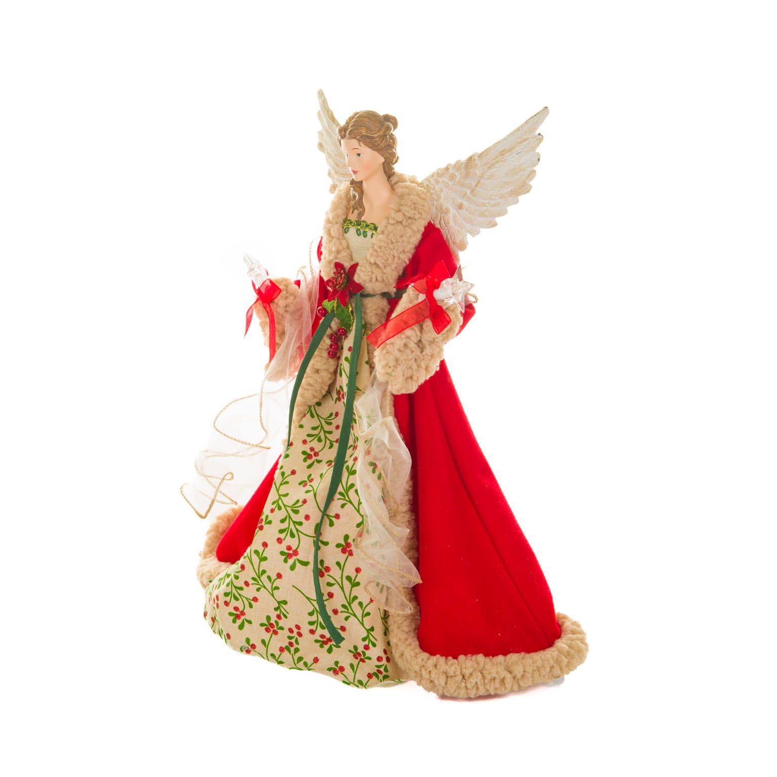 Grande cime de sapin ange chic en coton rouge et beige avec DEL blanc chaud et étoiles brillantes