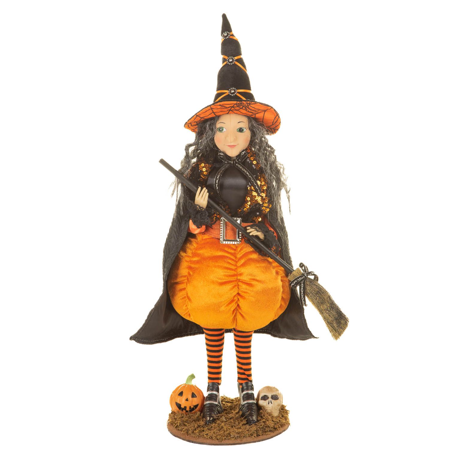 Figurine sorcière suspendue en polyester noir et orange à sequins citrouille