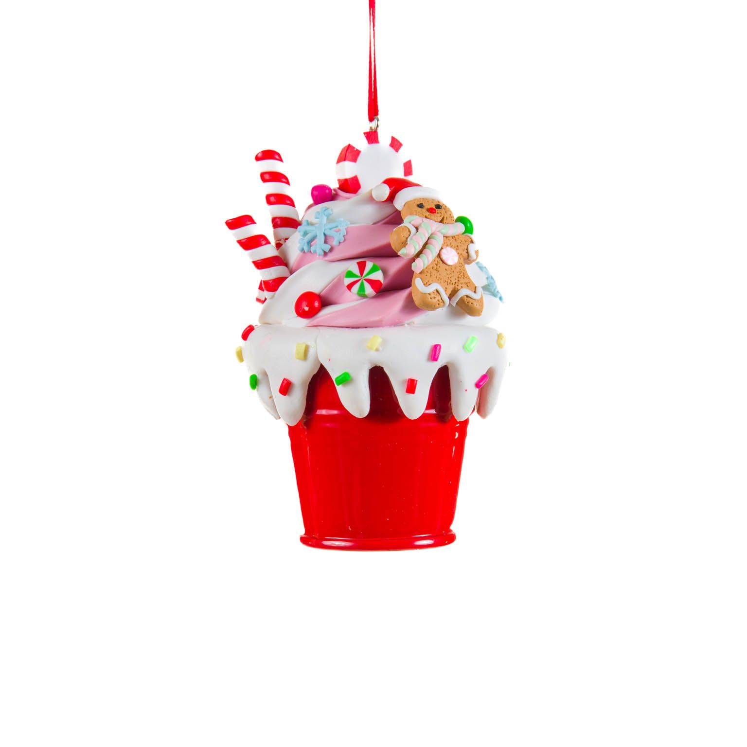 Hanging Red and White Clay Bucket of Sweets Ornament, Pack of 8