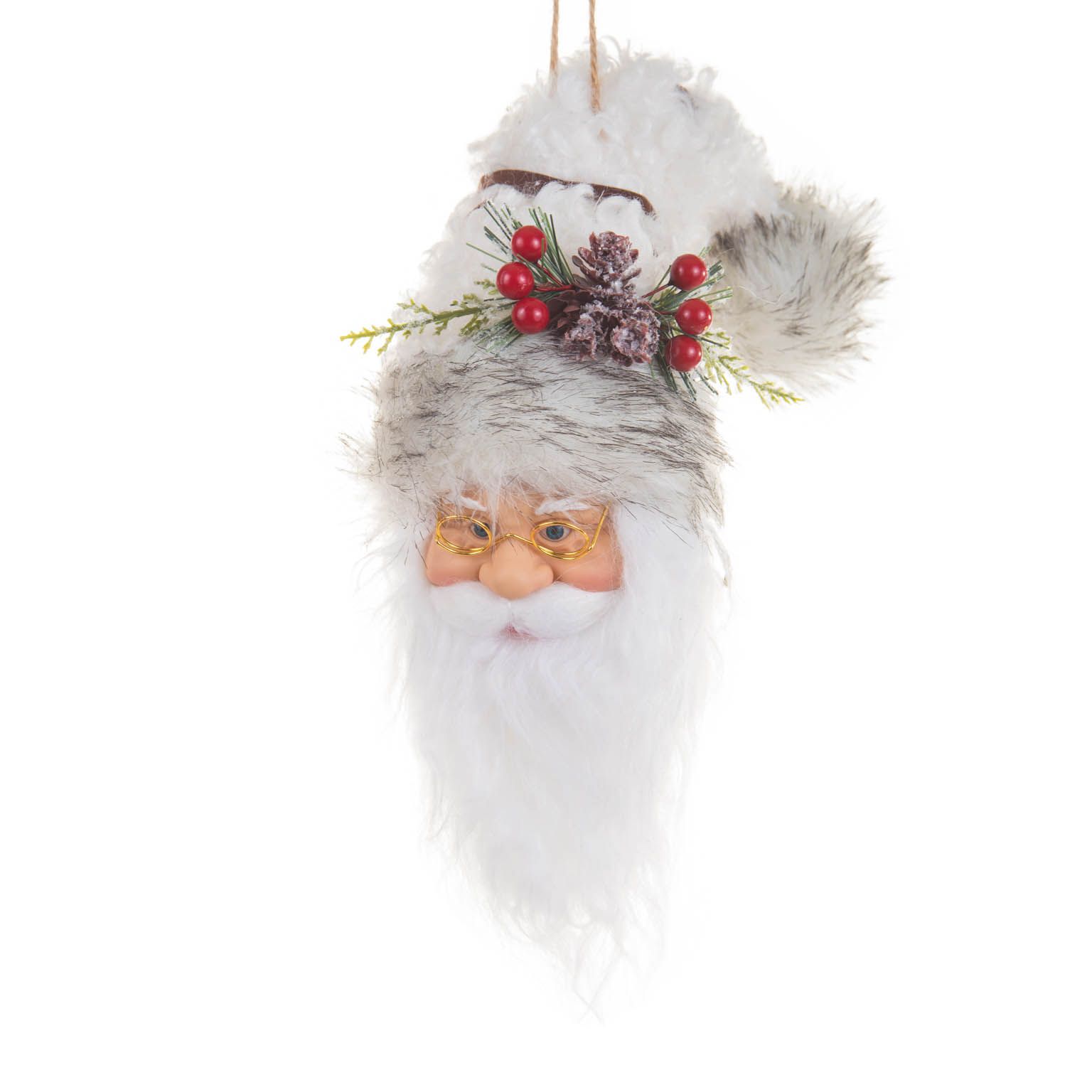 Ornements suspendus tête de Père Noël duveteux blanc, ensemble de 4