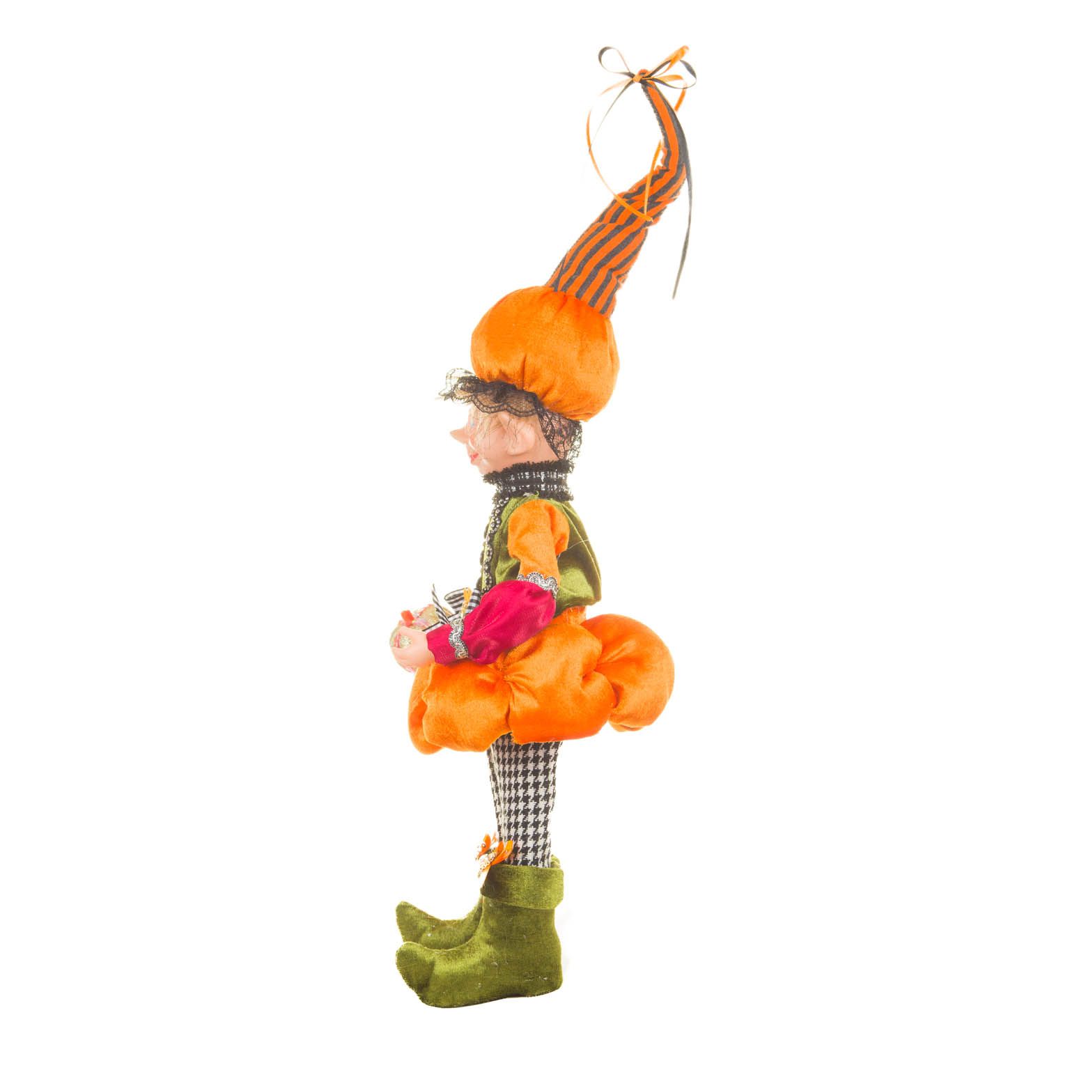 Poupée lutin garçon suspendue en tissu orange et vert avec bonnet citrouille