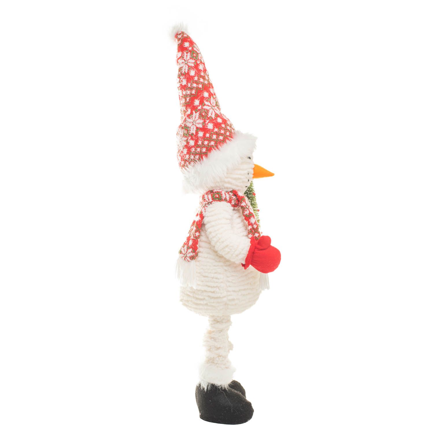 Grande figurine bonhomme de neige en mousse blanche et rouge avec flocon et sapin